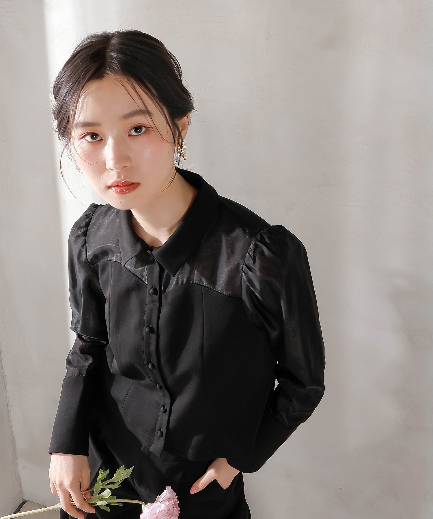 襟付きシャツトップス テーパードパンツドレス セットアップ