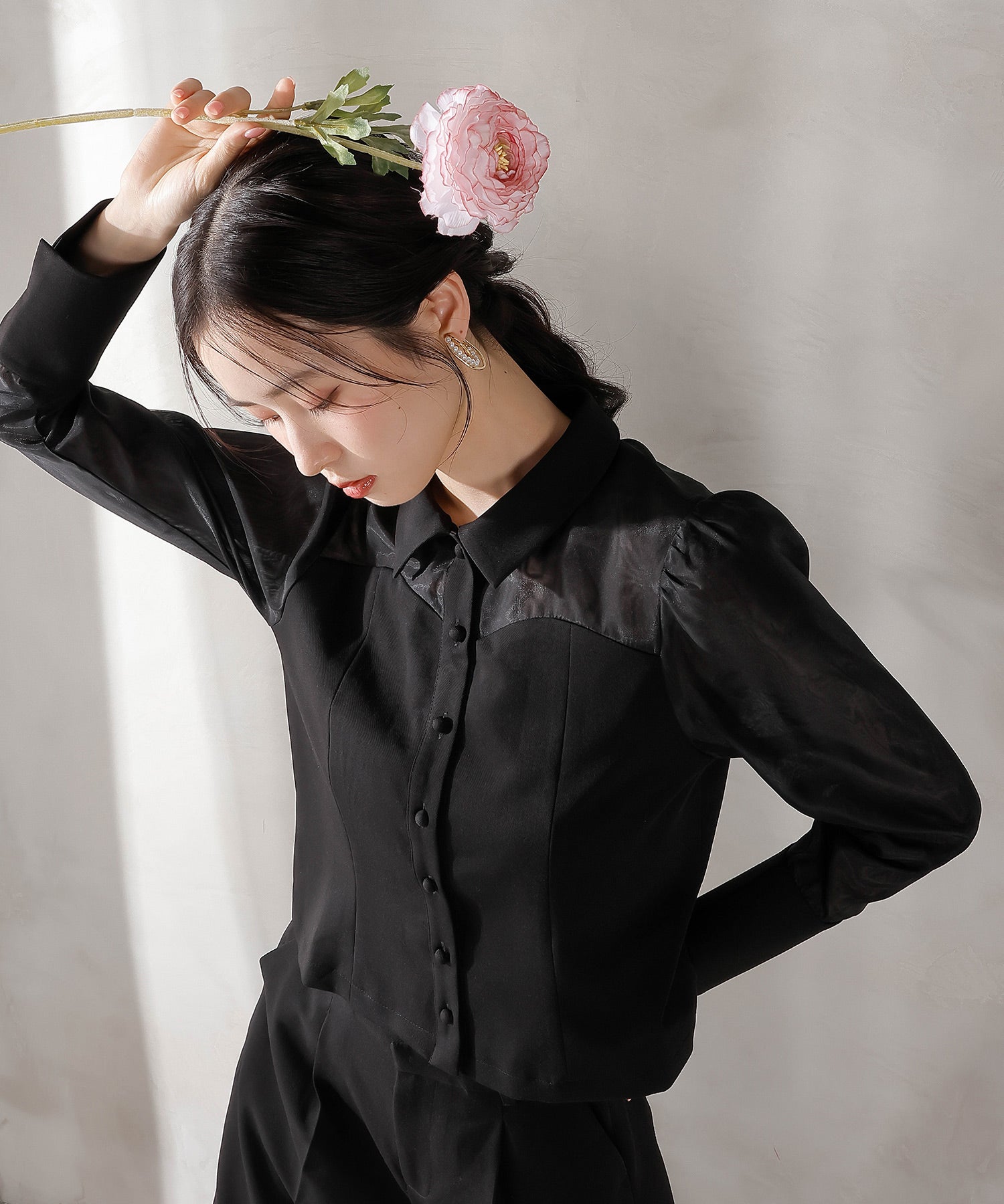 襟付きシャツトップス テーパードパンツドレス セットアップ