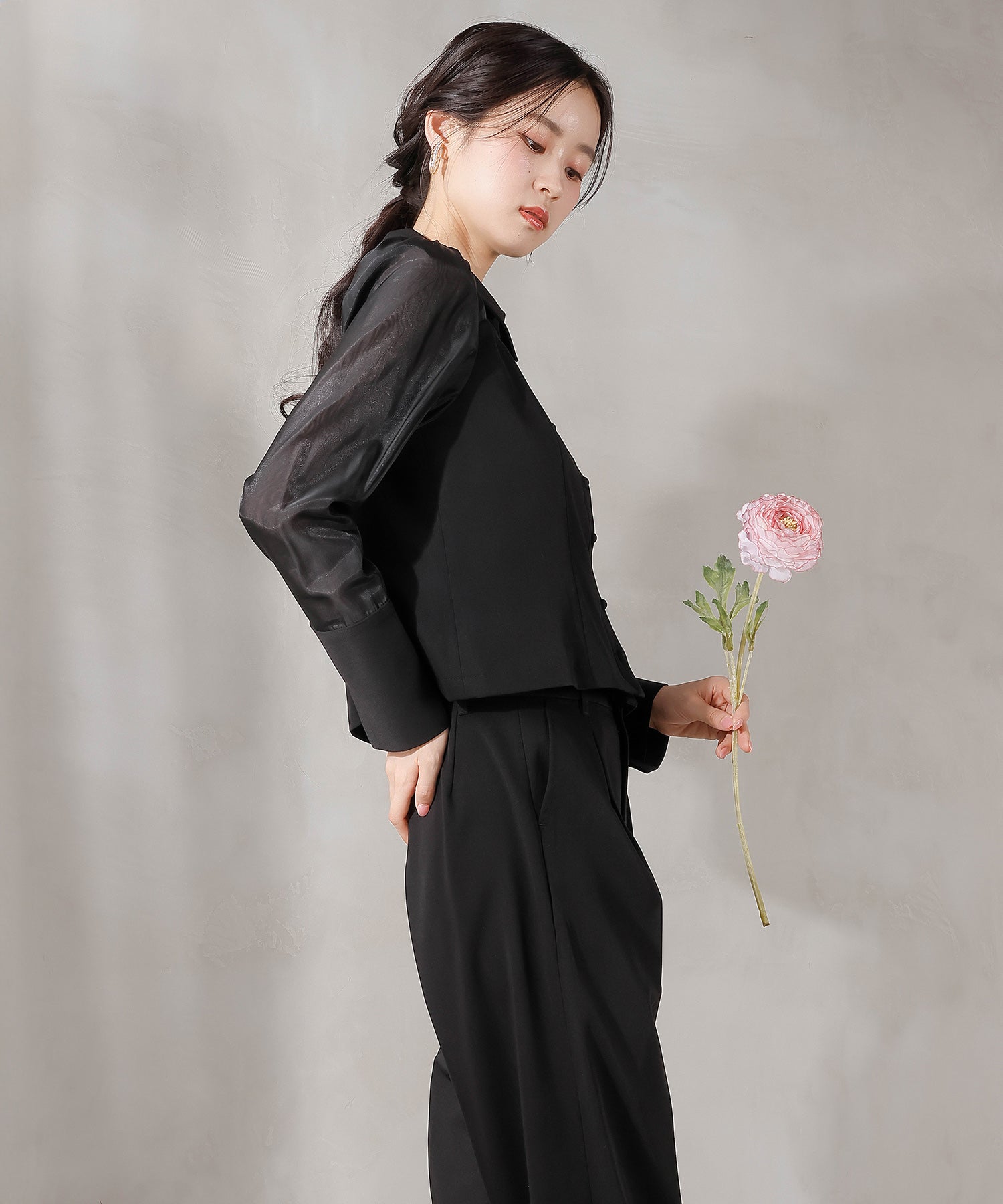 襟付きシャツトップス テーパードパンツドレス セットアップ