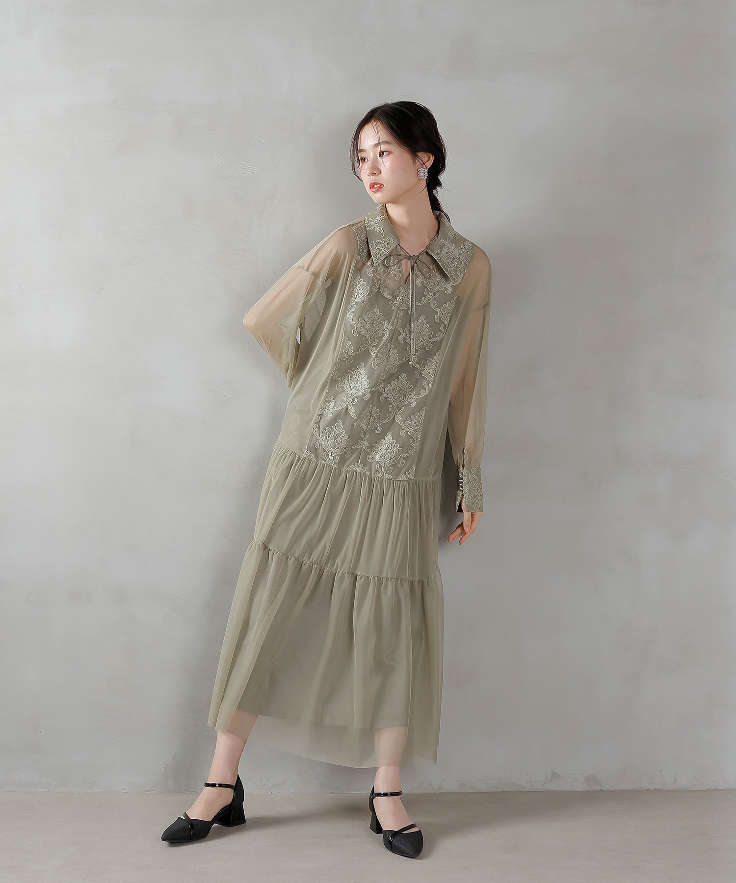 刺繍レース 襟 シアー ティアード ワンピース ドレス