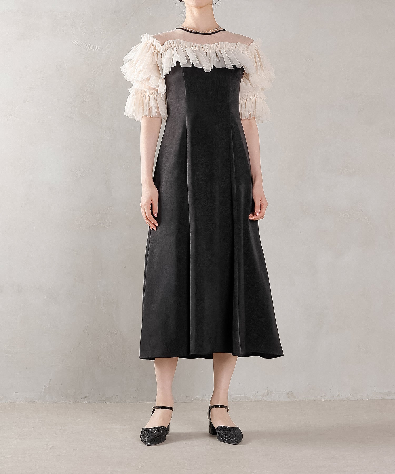 ラメドットチュール フリル ボリューム袖 ワンピース ドレス