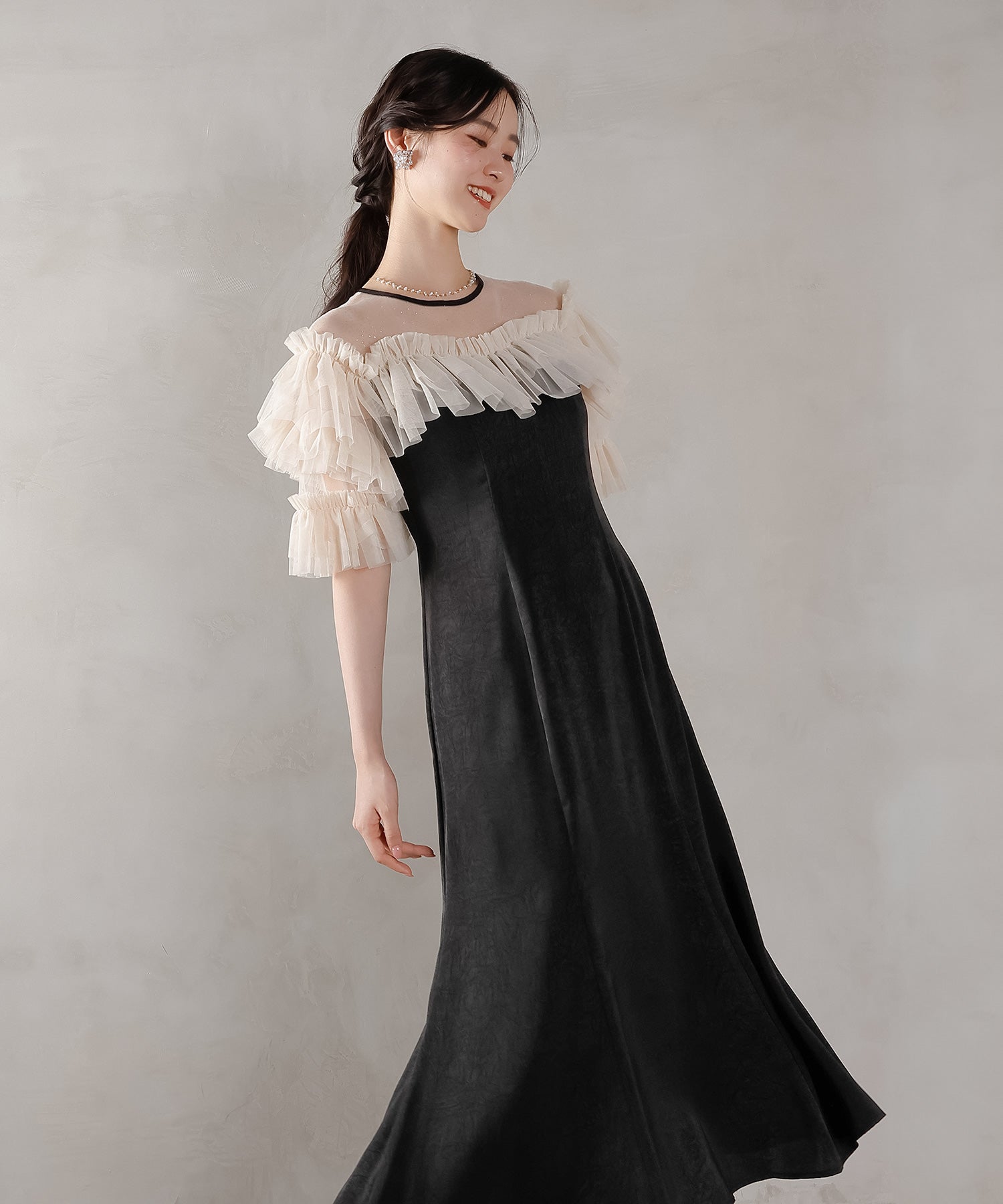 ラメドットチュール フリル ボリューム袖 ワンピース ドレス