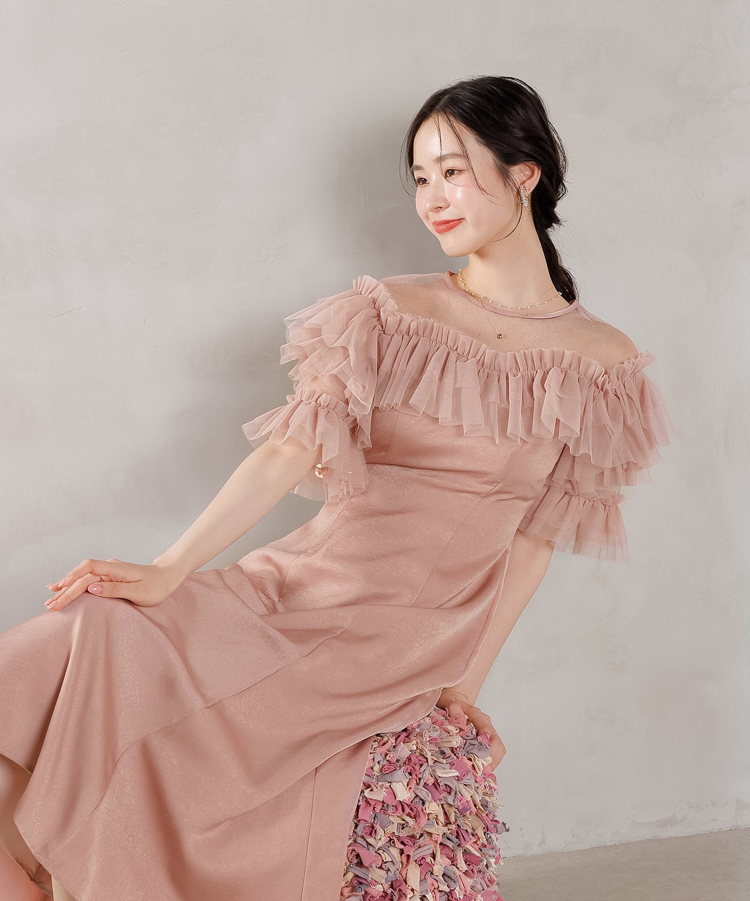 kana、ANDRESD チュールフリルスリーブ 2way ドレス セール】チュール