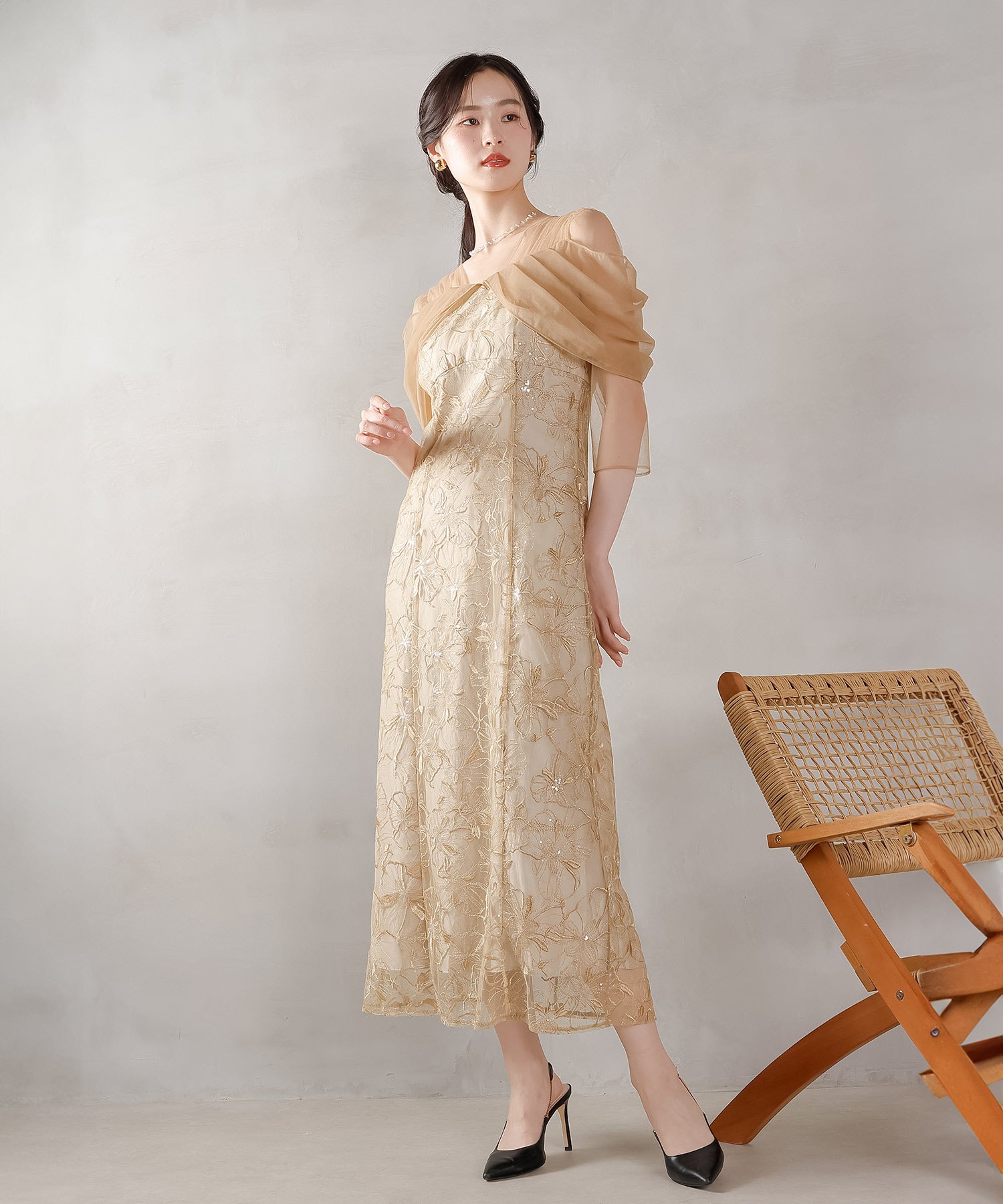 チュールドレープ スパンコール ドレス 結婚式 オケージョンドレス