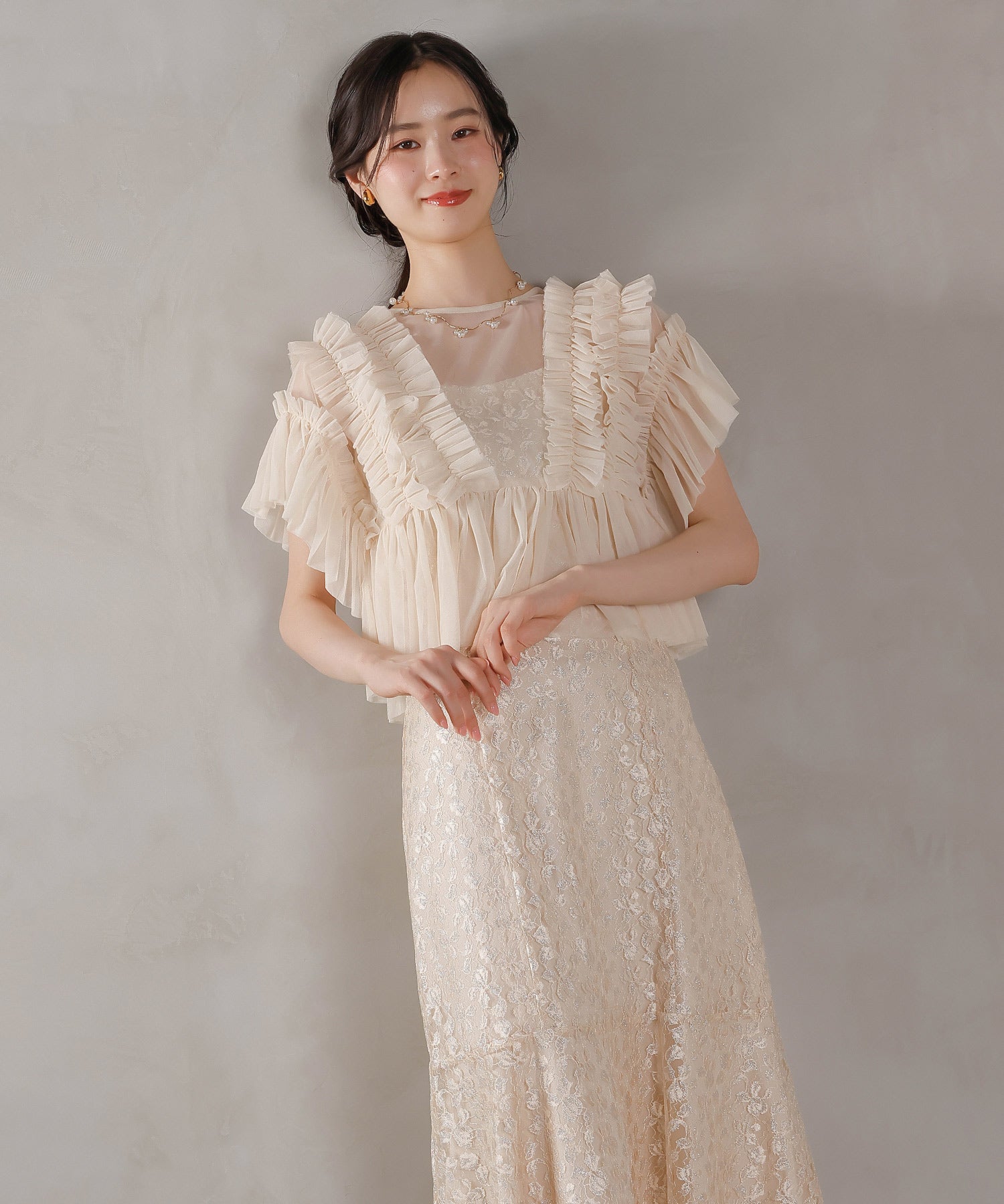 ラメ花柄刺繍レースチュール フリル ボレロ フレアワンピース ドレス