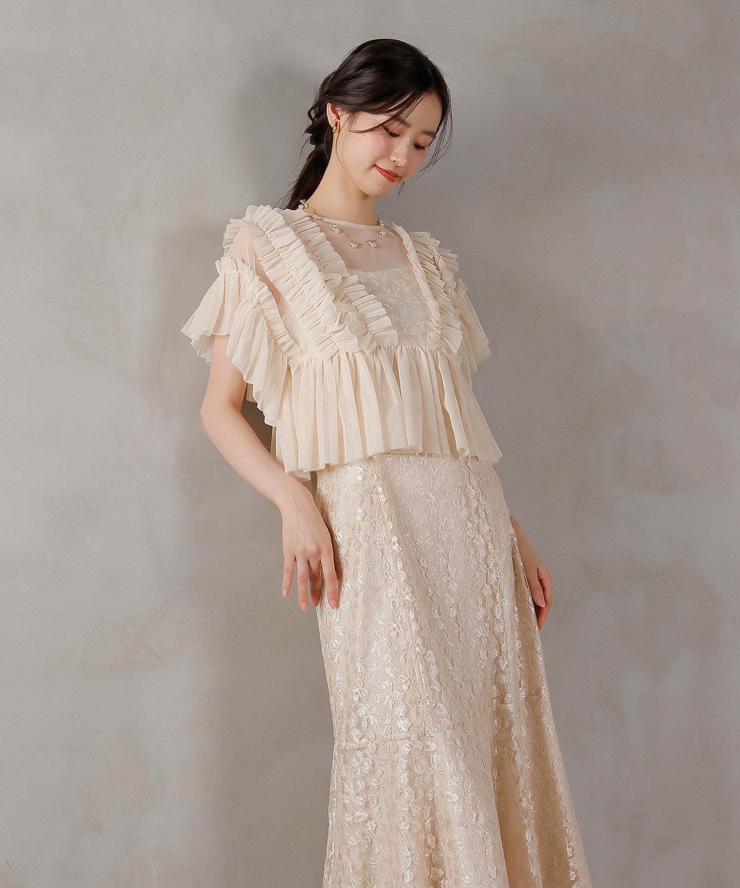 ラメ花柄刺繍レースチュール フリル ボレロ フレアワンピース ドレス