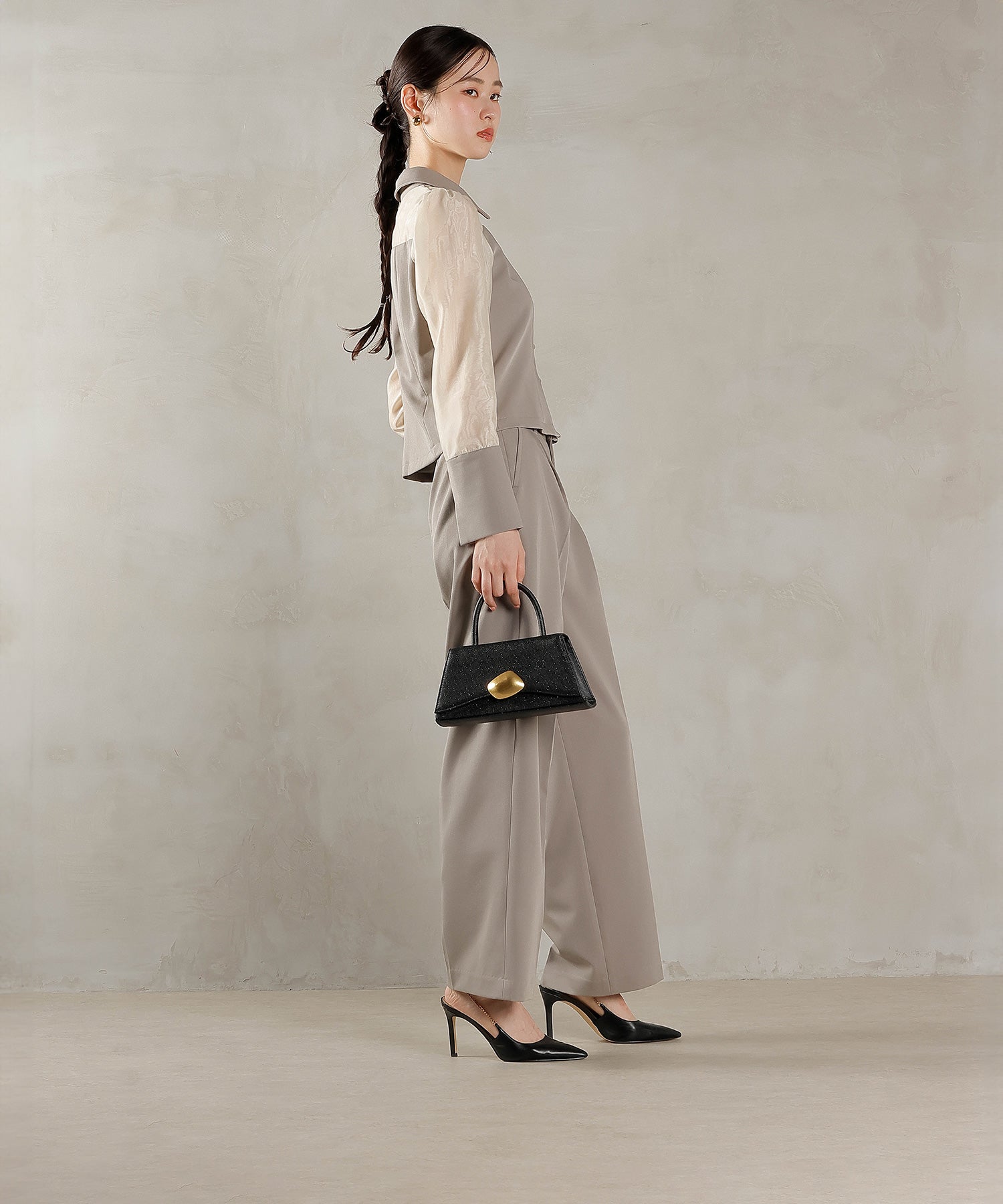 襟付きシャツトップス テーパードパンツドレス セットアップ