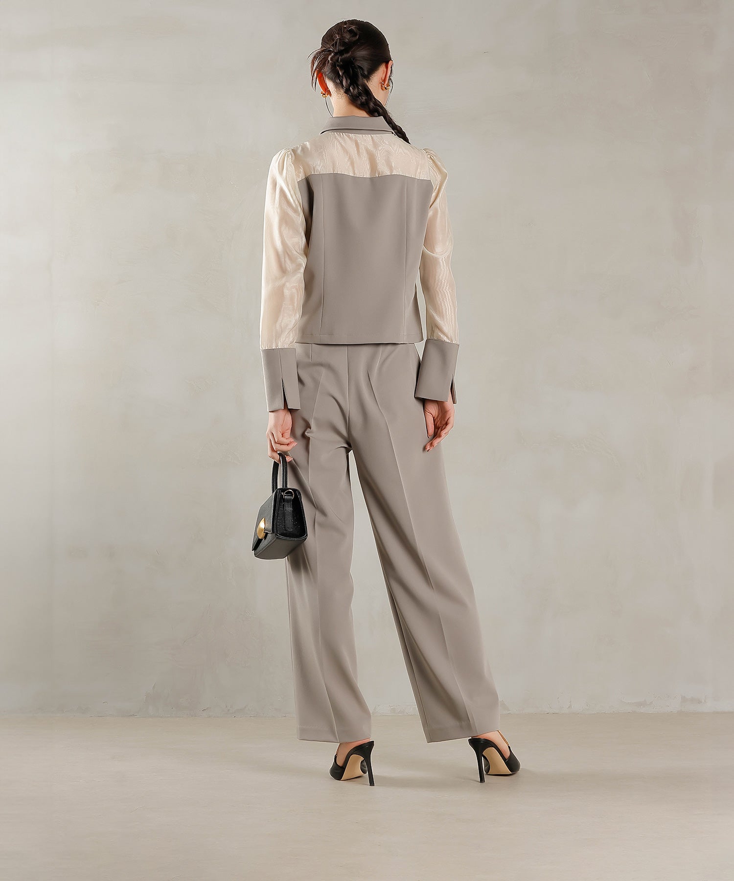 襟付きシャツトップス テーパードパンツドレス セットアップ