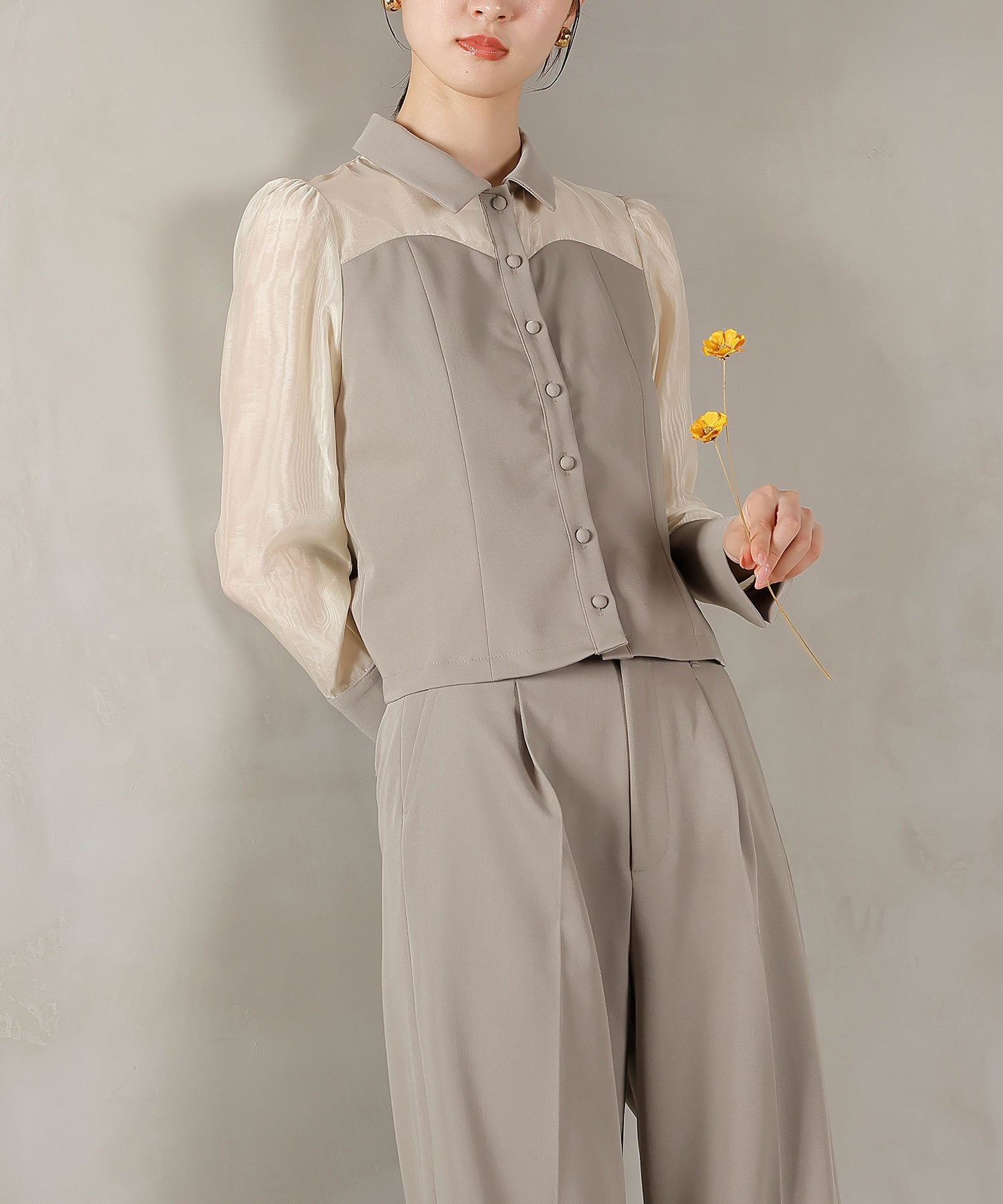 襟付きシャツトップス テーパードパンツドレス セットアップ