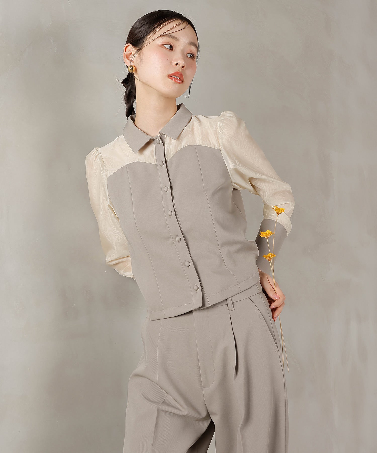 襟付きシャツトップス テーパードパンツドレス セットアップ