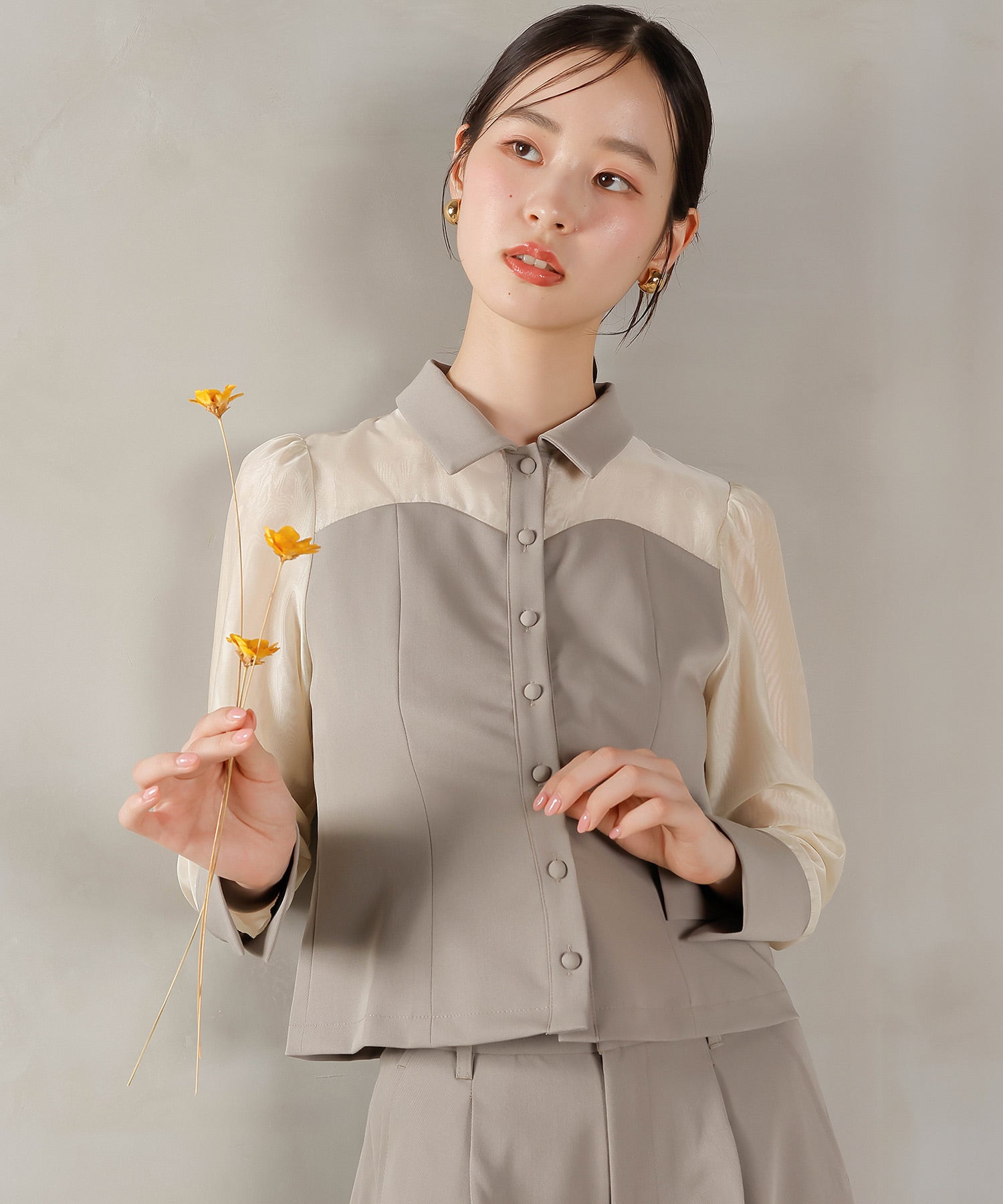 襟付きシャツトップス テーパードパンツドレス セットアップ