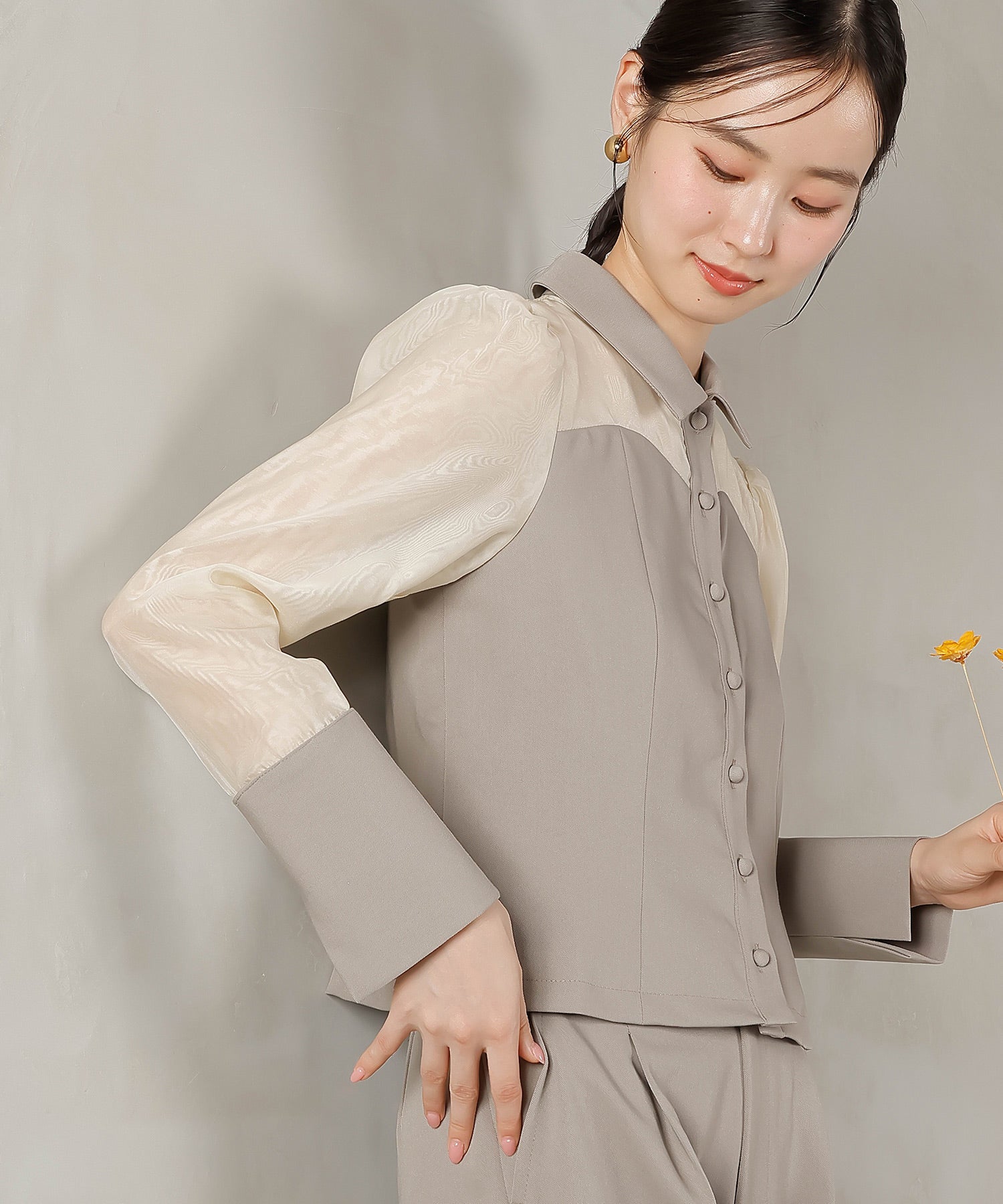 襟付きシャツトップス テーパードパンツドレス セットアップ