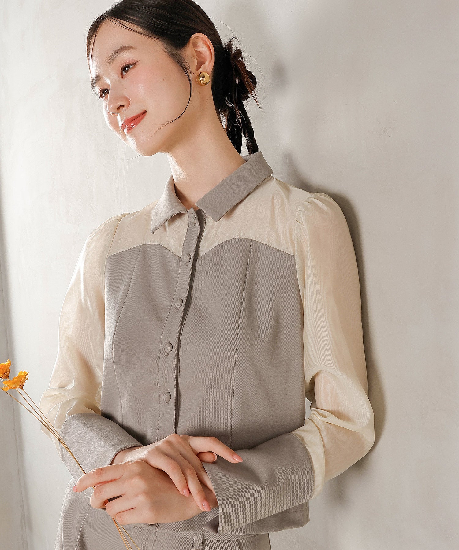 襟付きシャツトップス テーパードパンツドレス セットアップ