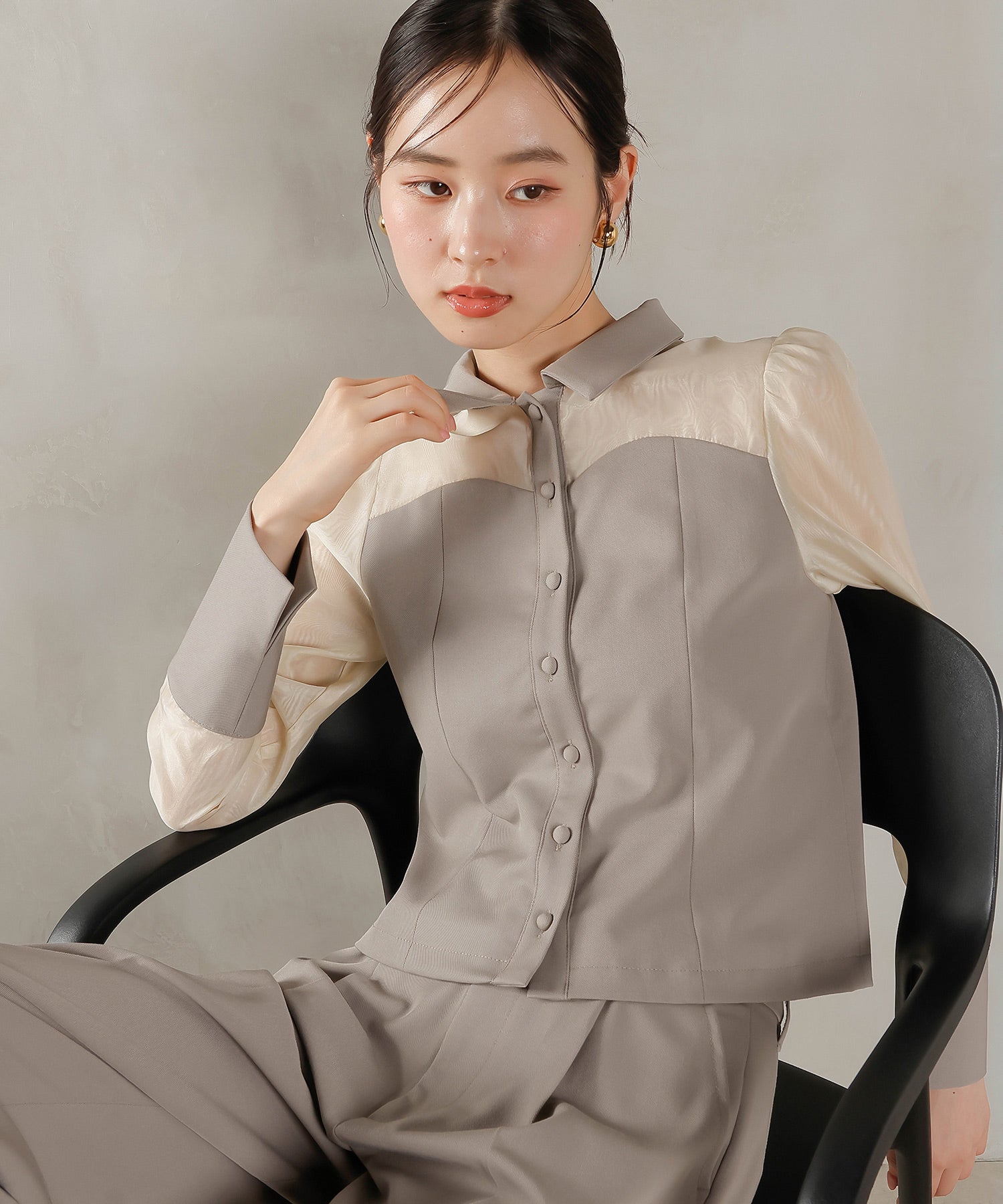 襟付きシャツトップス テーパードパンツドレス セットアップ