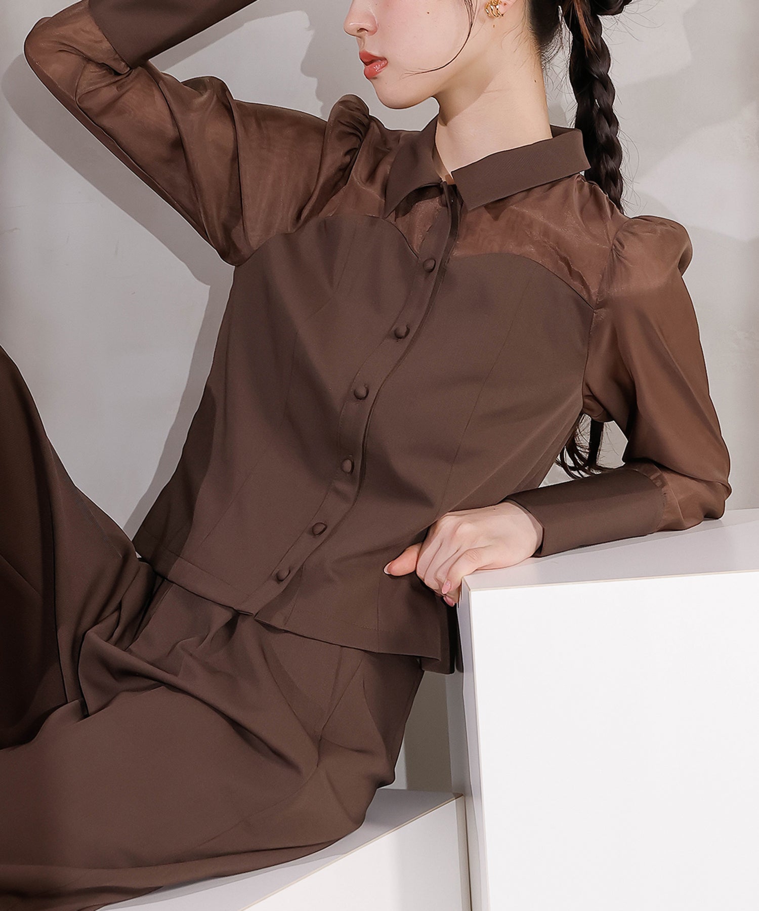 襟付きシャツトップス テーパードパンツドレス セットアップ