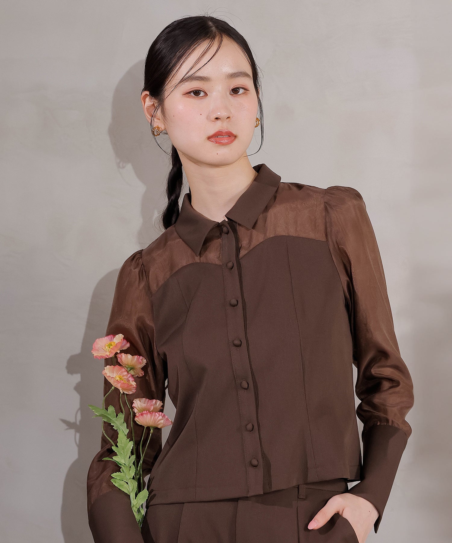 襟付きシャツトップス テーパードパンツドレス セットアップ