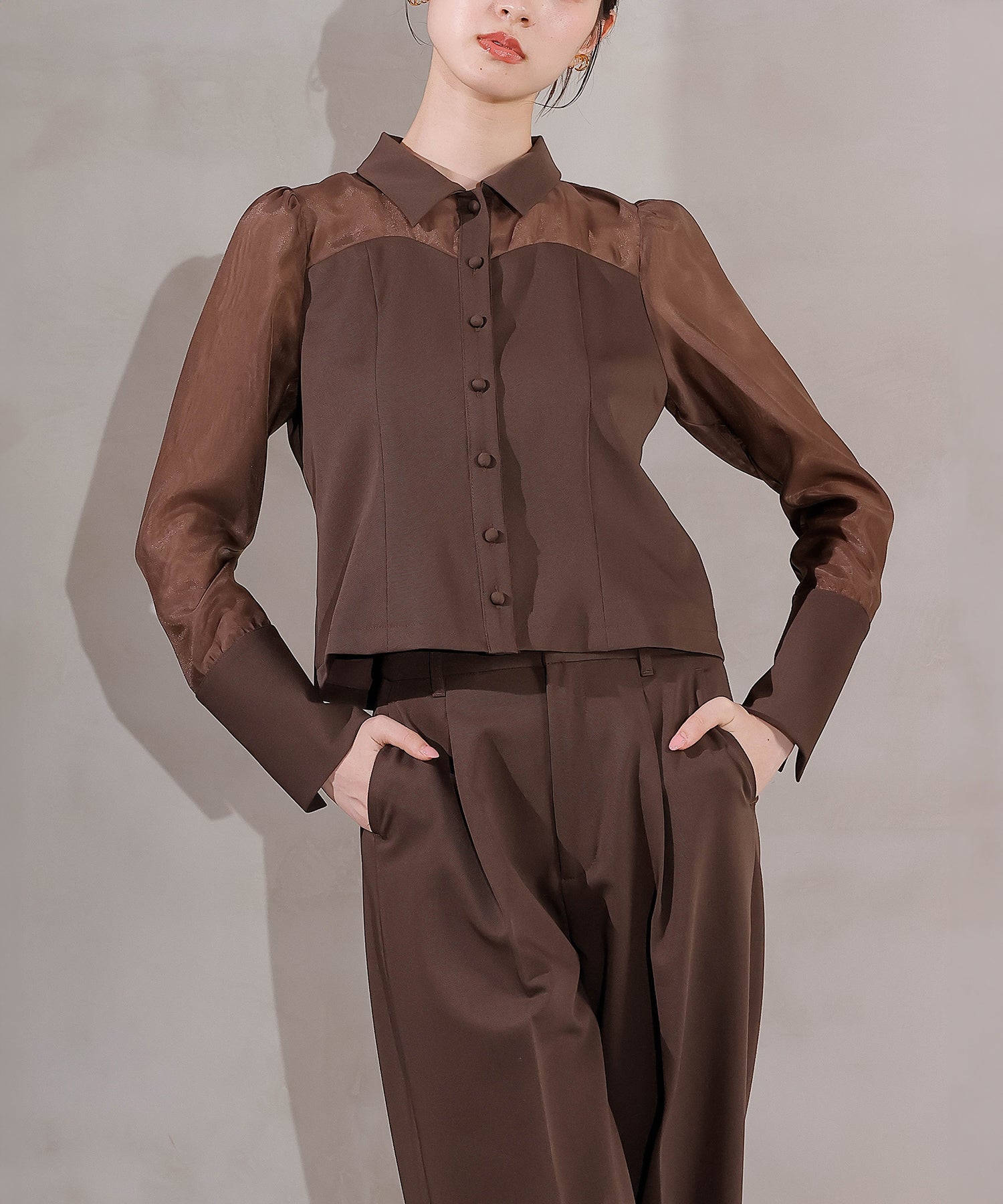 襟付きシャツトップス テーパードパンツドレス セットアップ