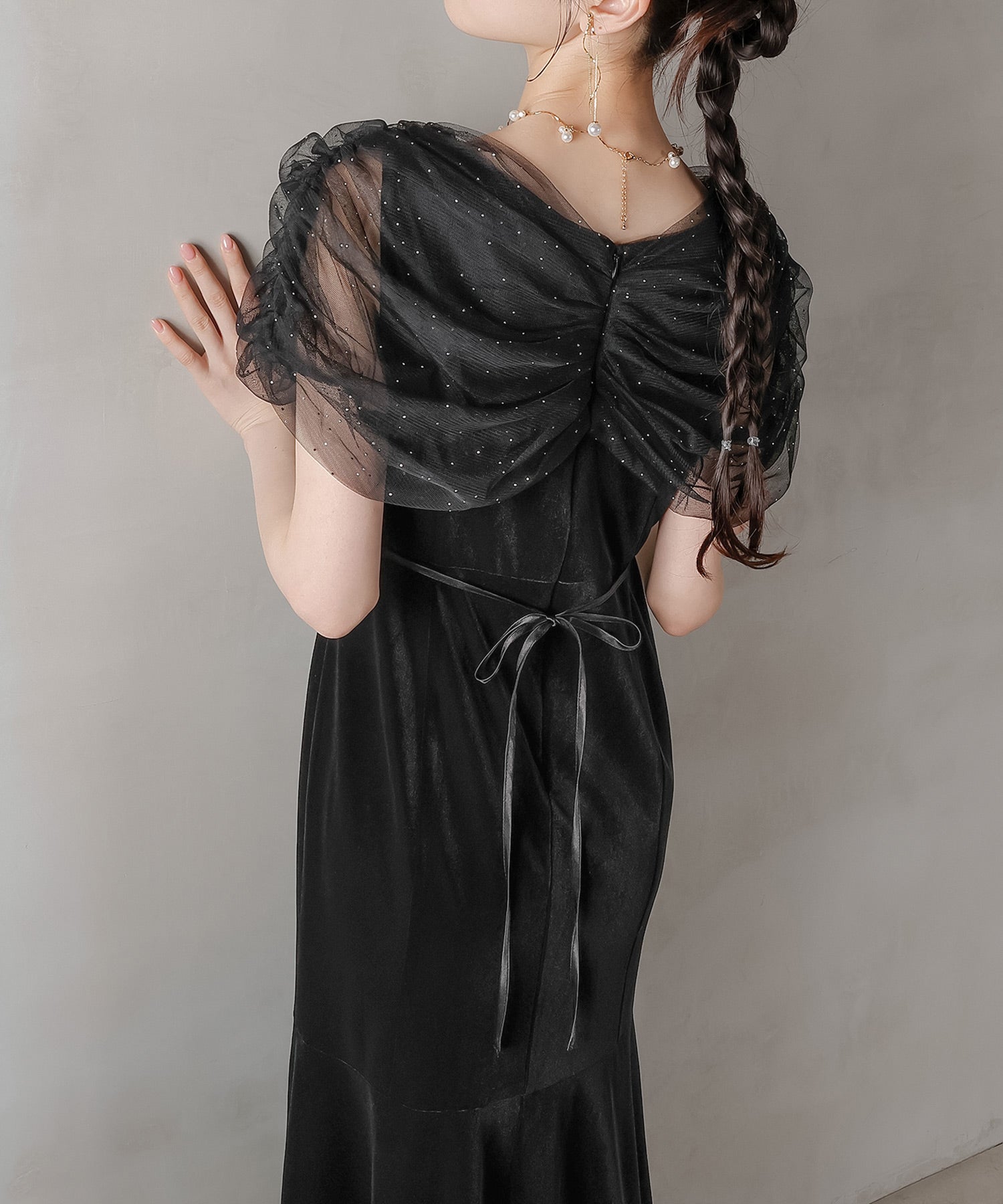 kana様　　グレー x ブラック ロングドレス 3L Kana ドレス 3Way ビスチェ風 ロング フレア ワンピース