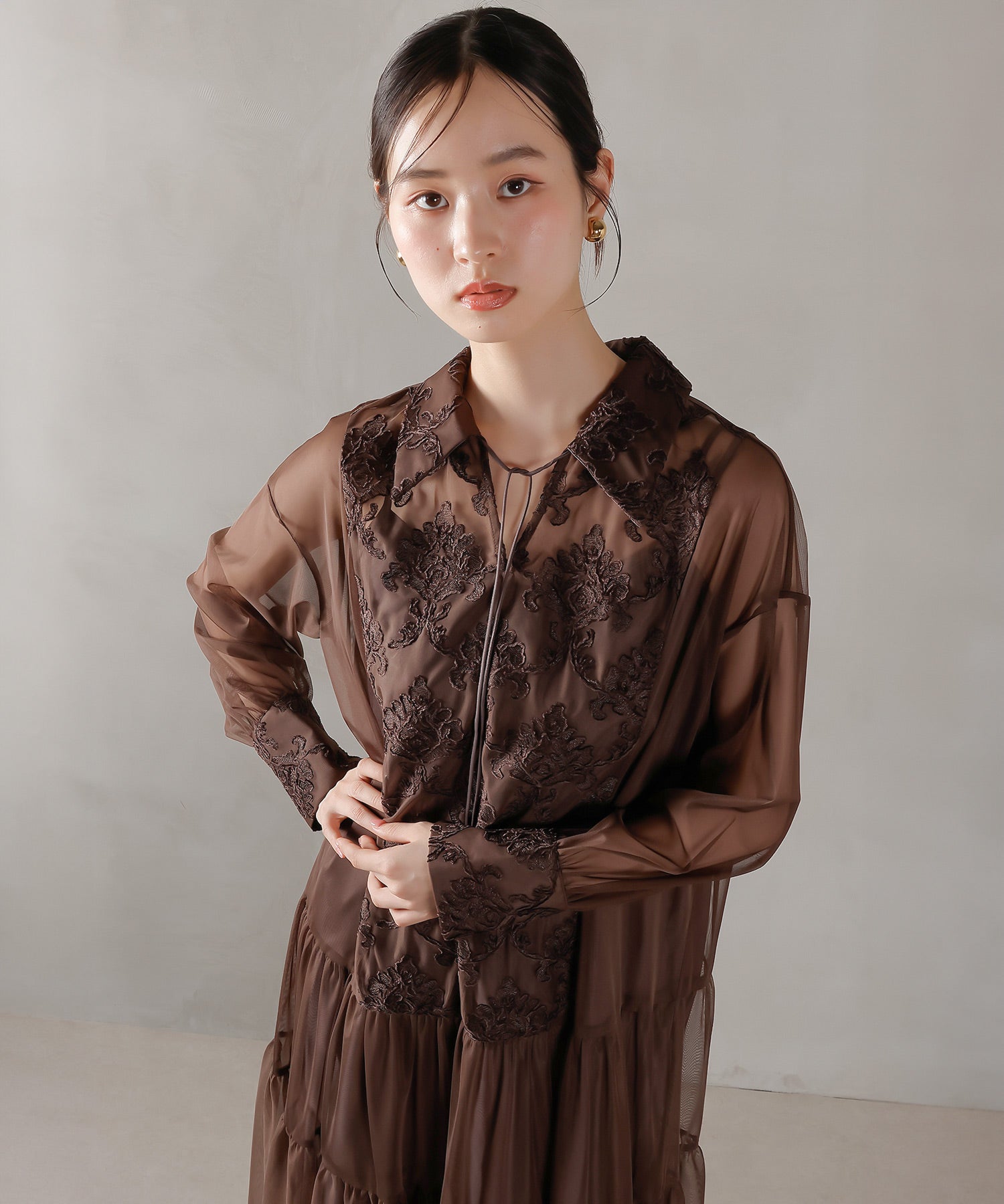 刺繍レース 襟 シアー ティアード ワンピース ドレス
