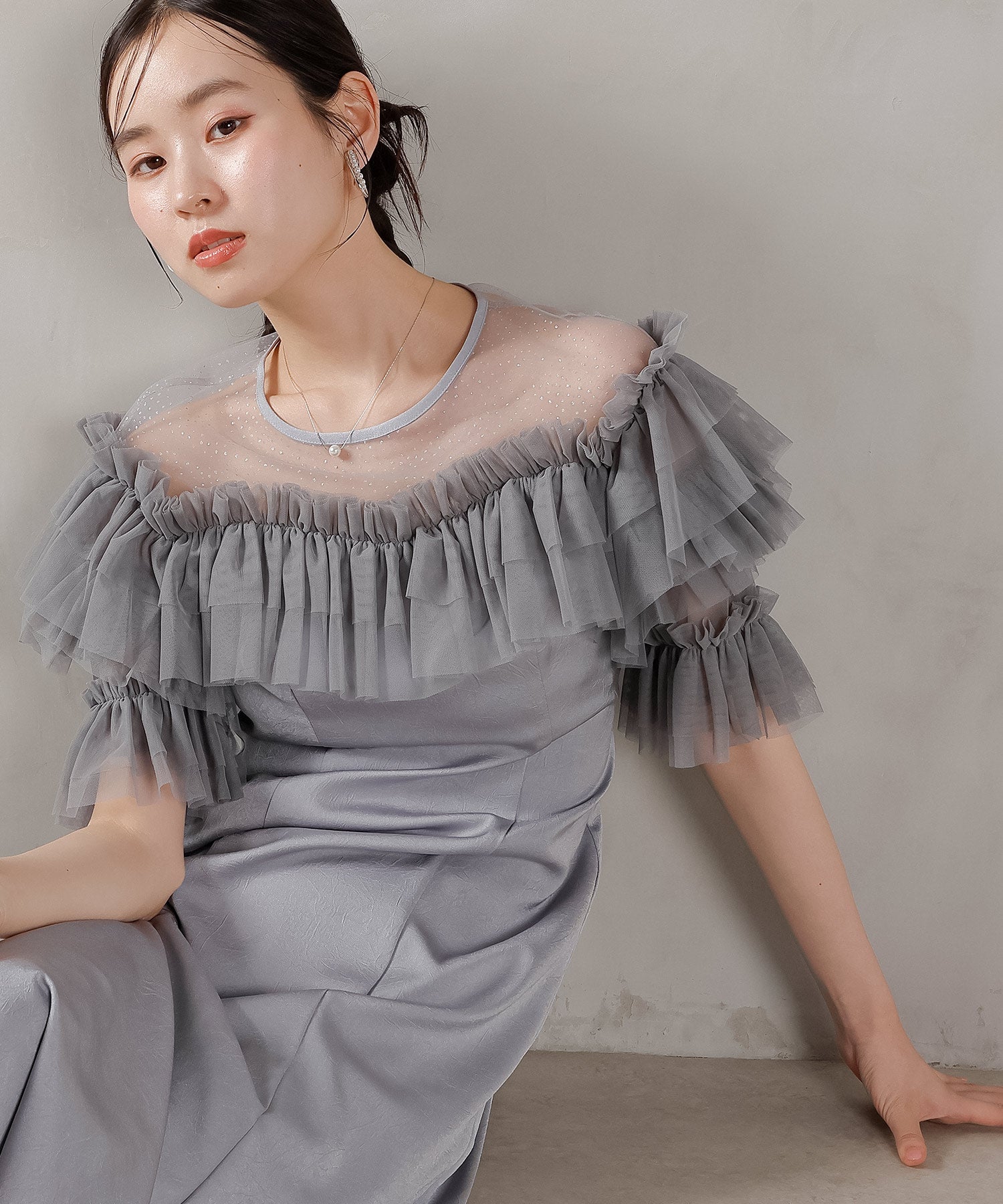 ラメドットチュール フリル ボリューム袖 ワンピース ドレス