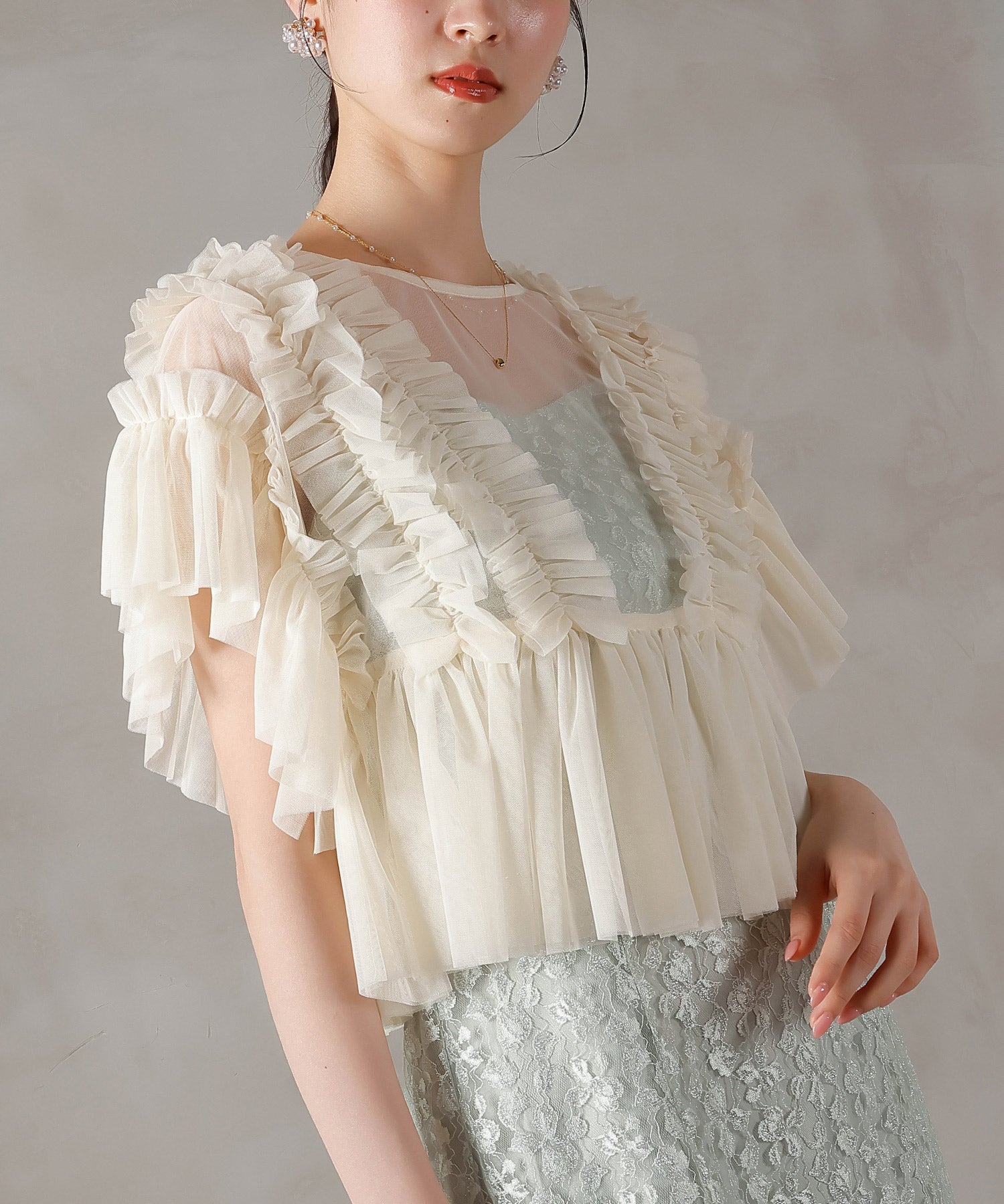 ラメ花柄刺繍レースチュール フリル ボレロ フレアワンピース ドレス