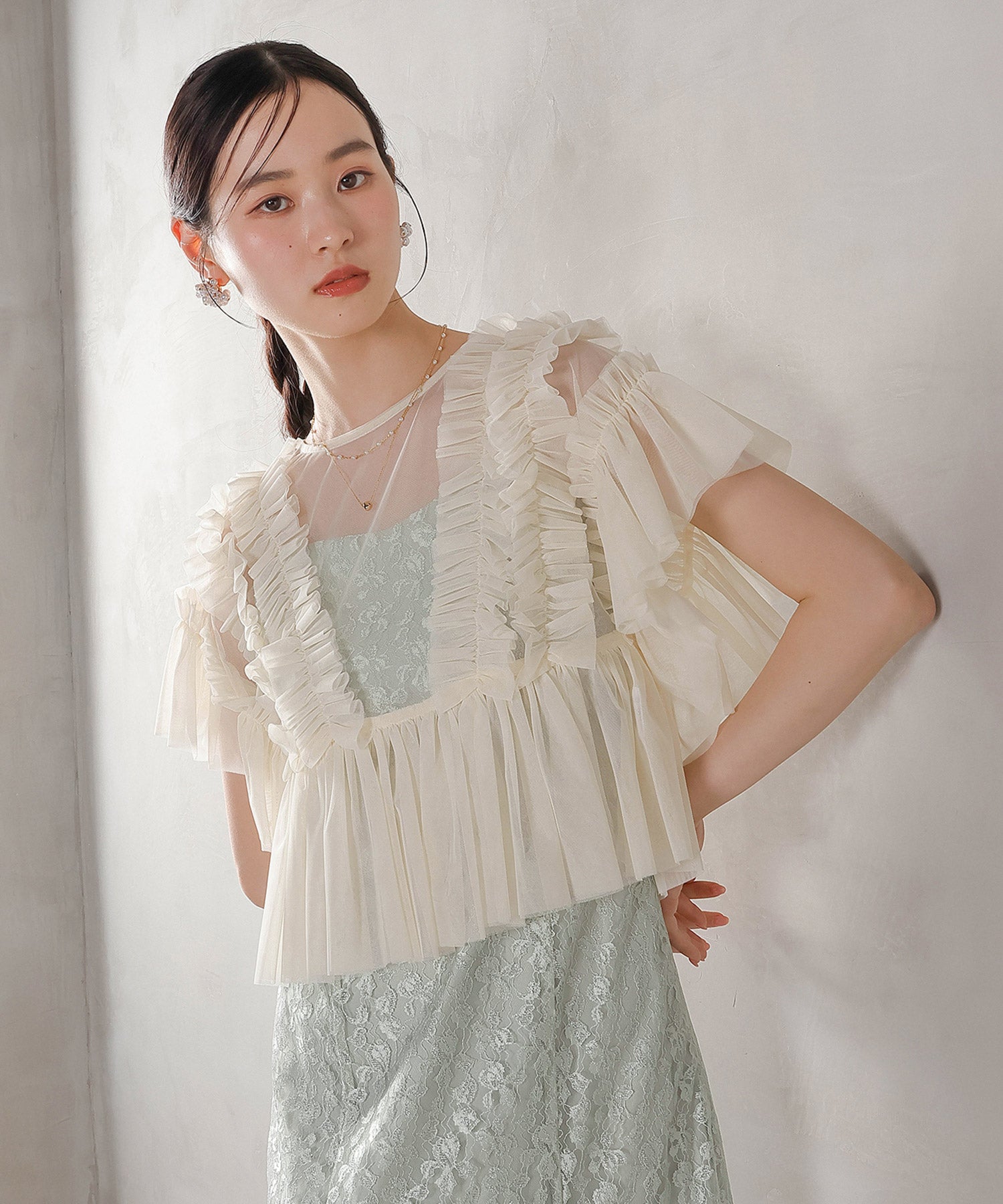ラメ花柄刺繍レースチュール フリル ボレロ フレアワンピース ドレス