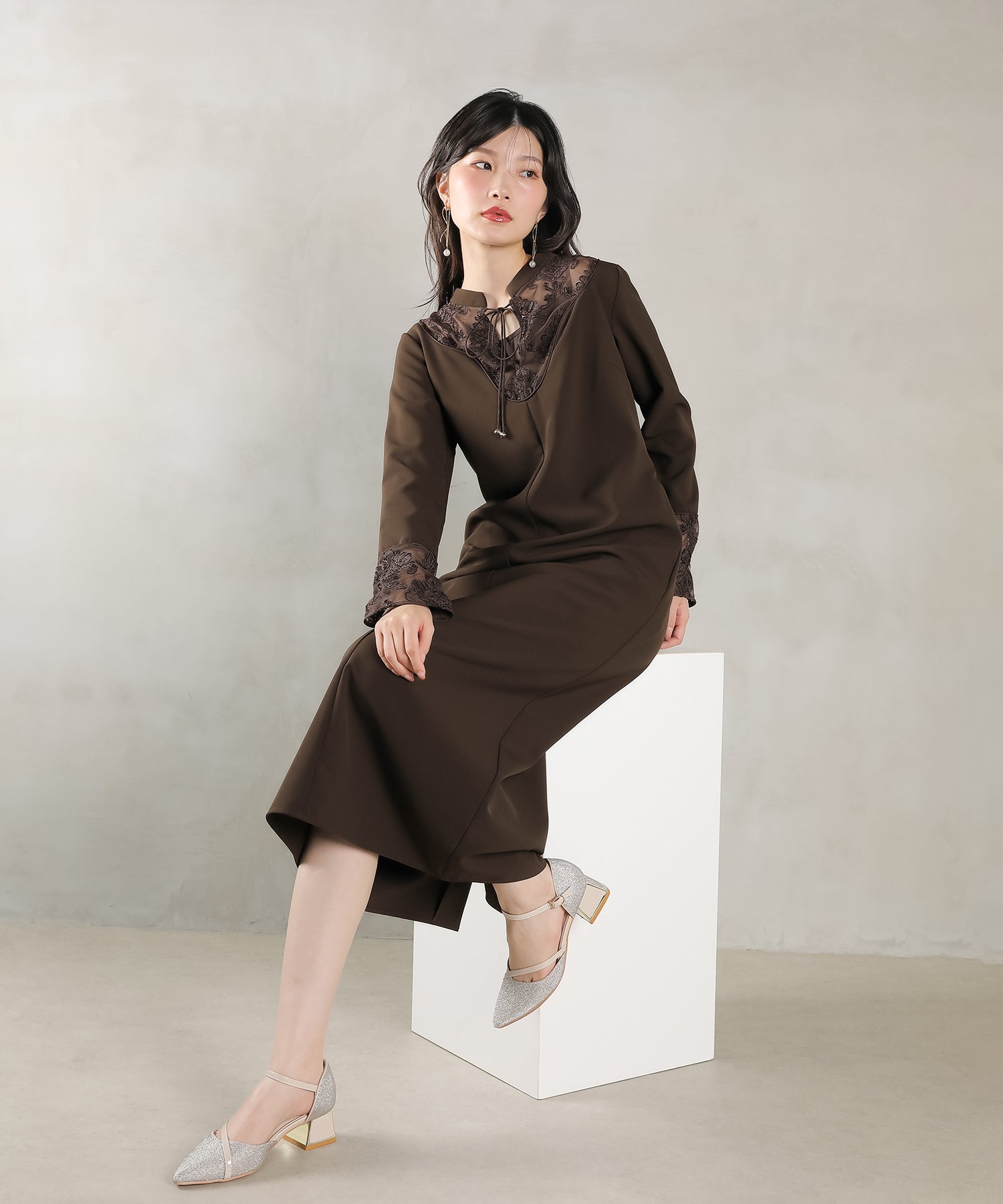 モールレース ブザムデザイン スタンドカラー Iライン ワンピース ドレス