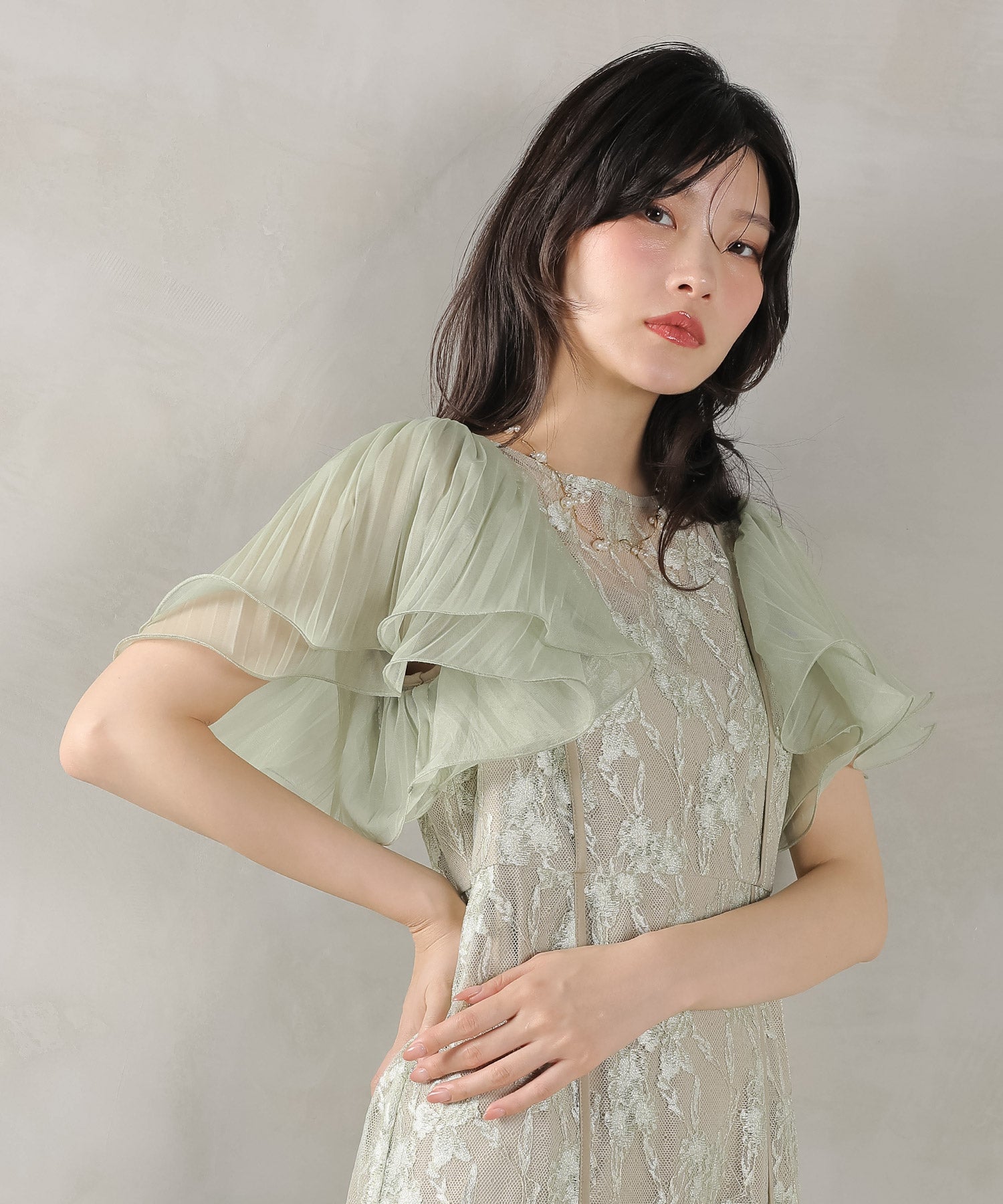 エアリースリーブ 刺繍 レース Aライン ワンピース ドレス