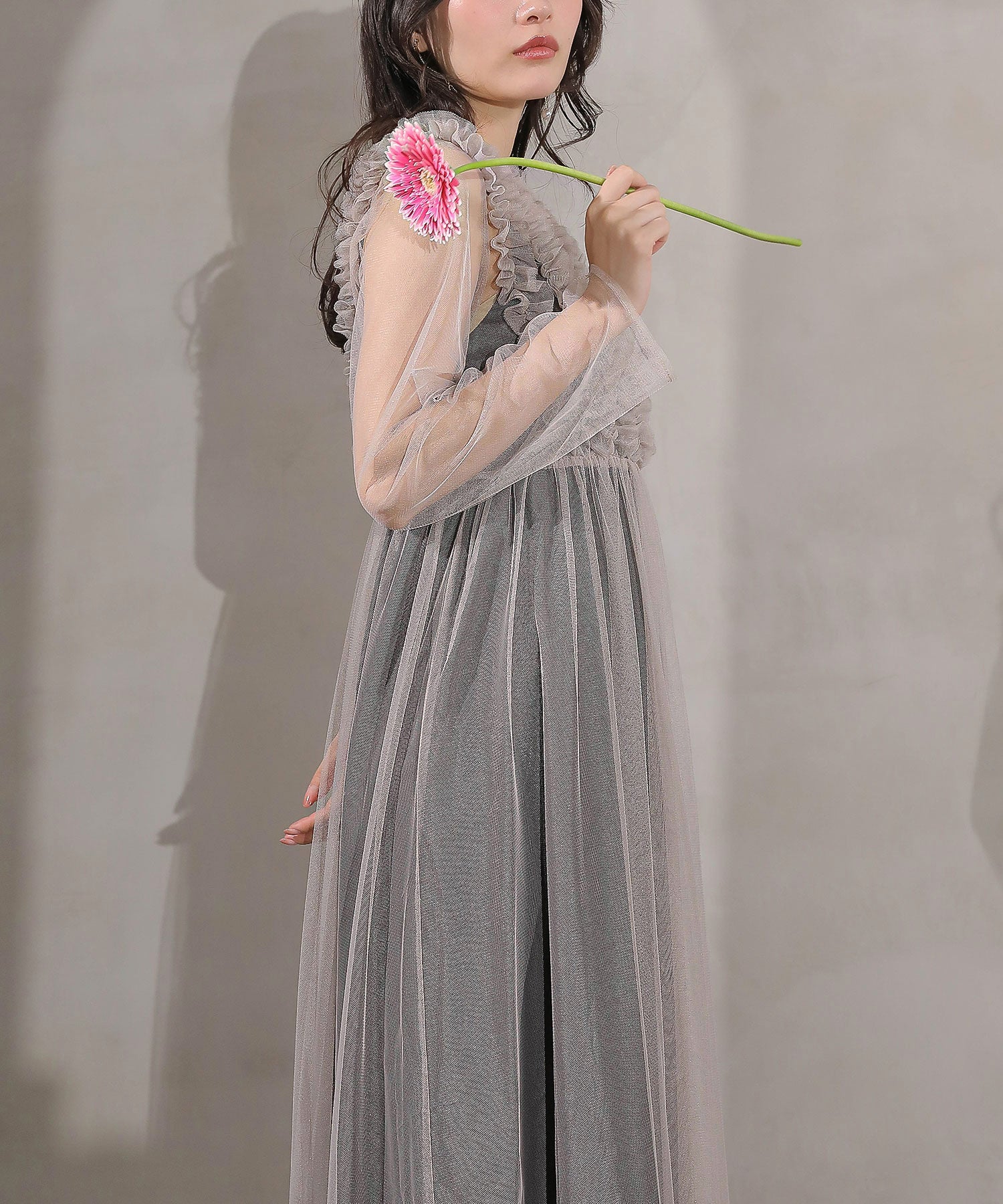 チュール ロング フリル Aライン ワンピース ドレス ２点セット