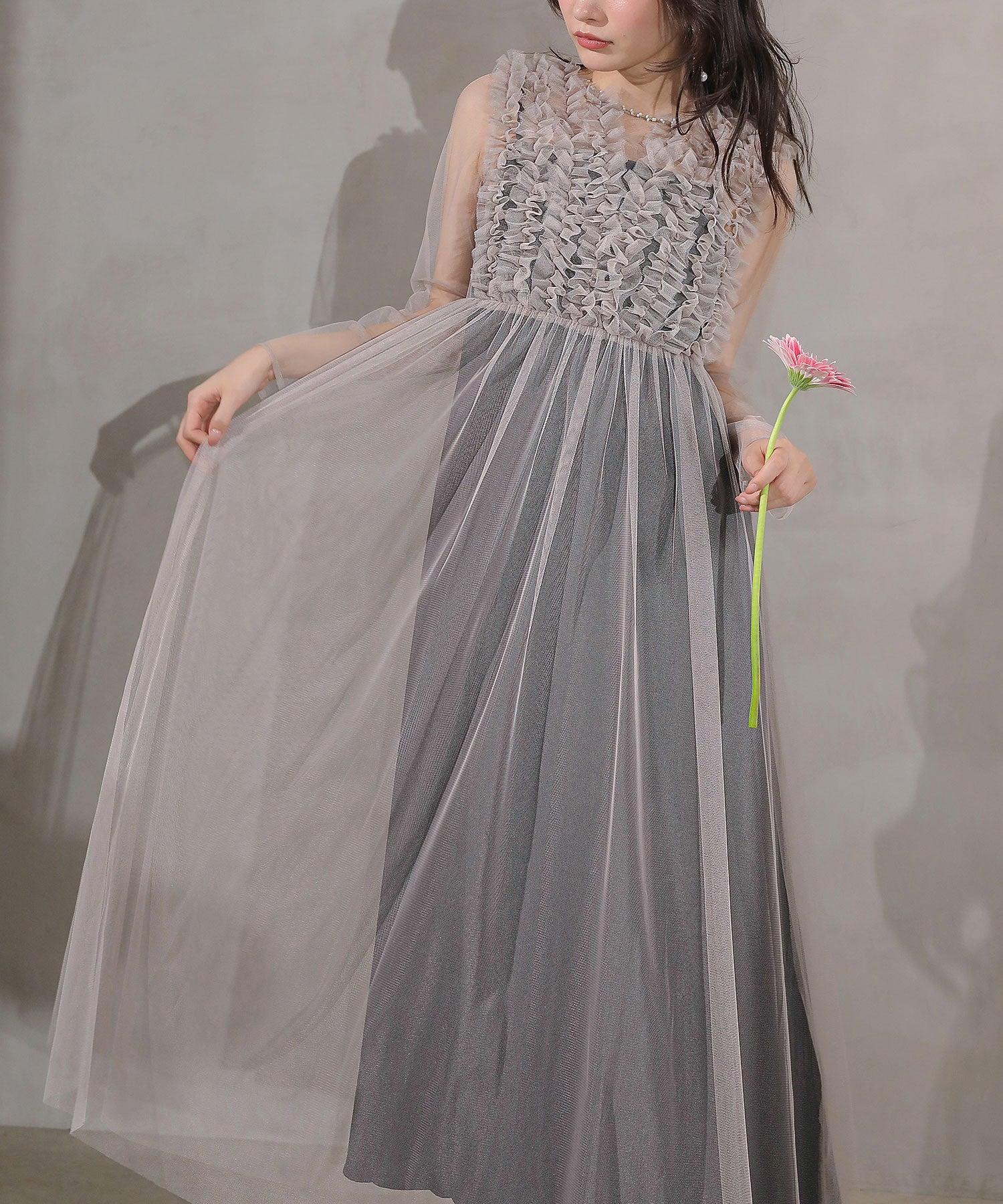 チュール ロング フリル Aライン ワンピース ドレス ２点セット