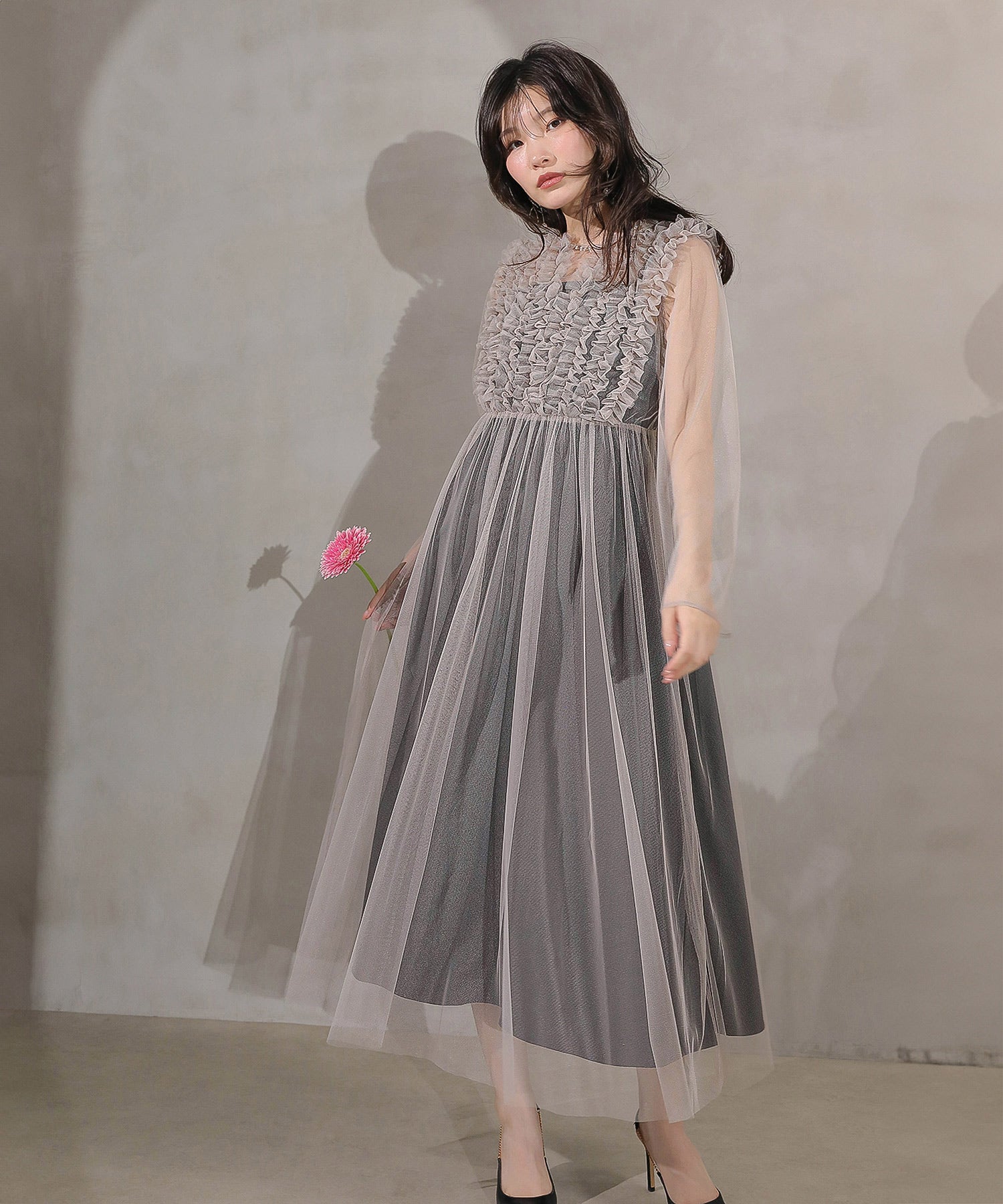 チュール ロング フリル Aライン ワンピース ドレス ２点セット