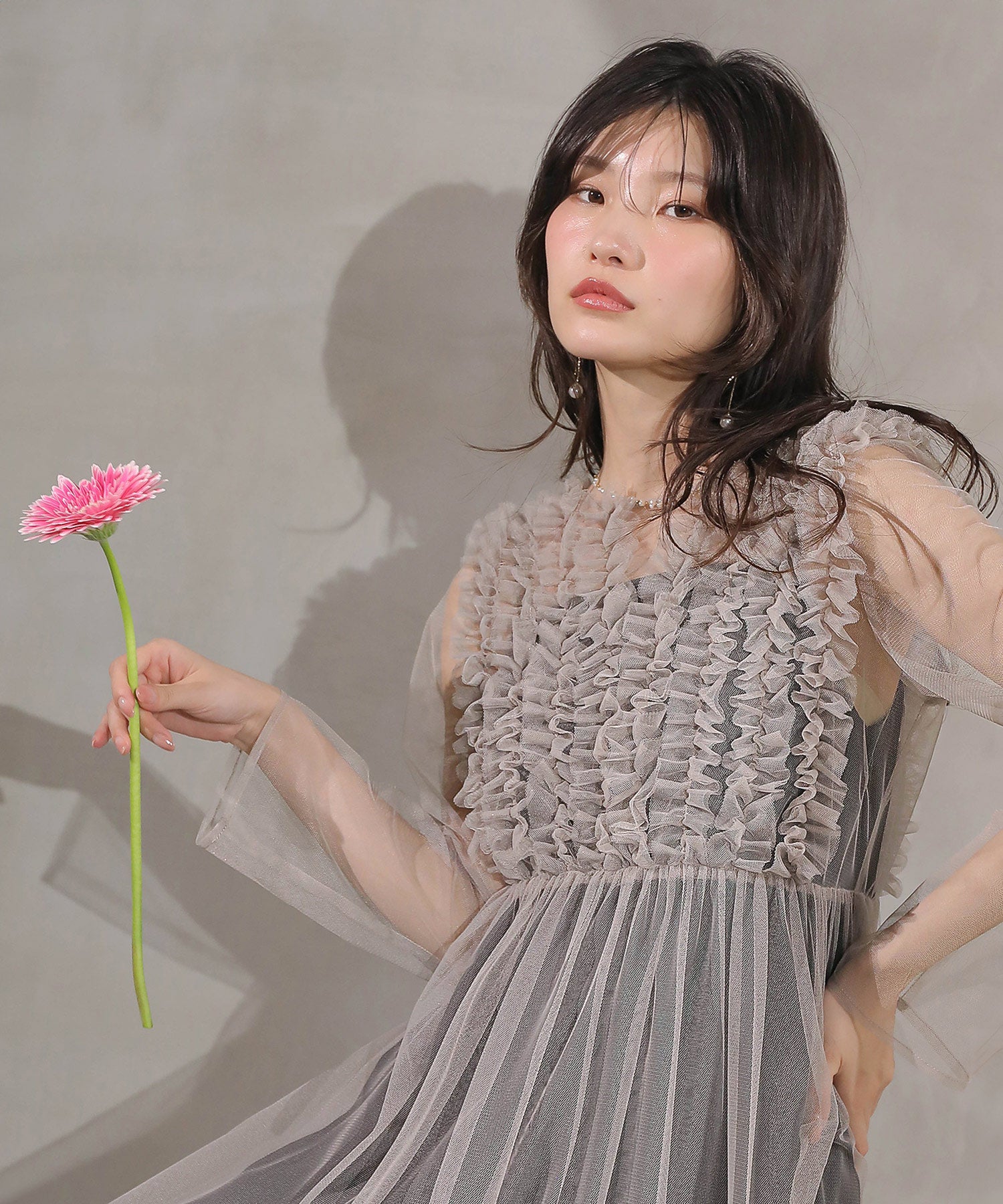 チュール ロング フリル Aライン ワンピース ドレス ２点セット