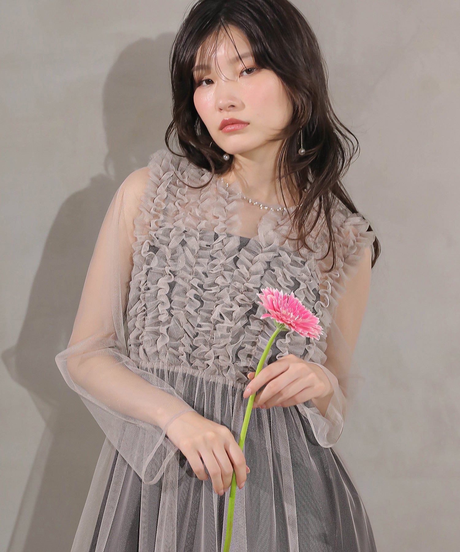 チュール ロング フリル Aライン ワンピース ドレス ２点セット