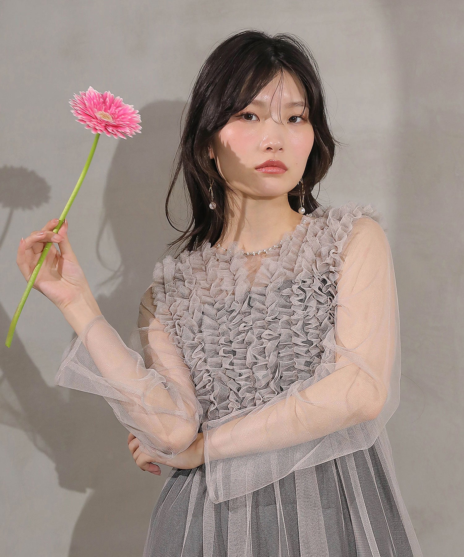 チュール ロング フリル Aライン ワンピース ドレス ２点セット