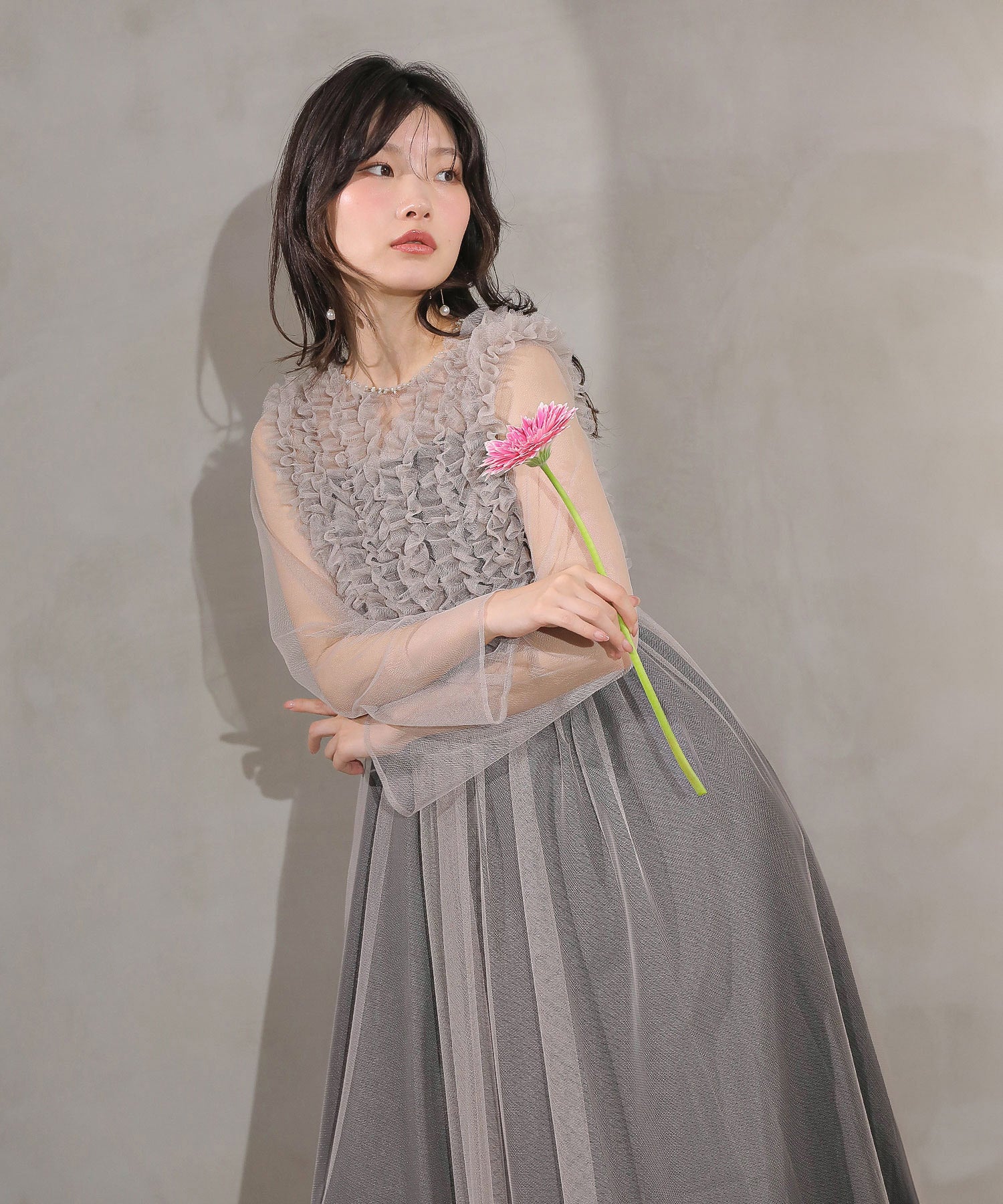 チュール ロング フリル Aライン ワンピース ドレス ２点セット