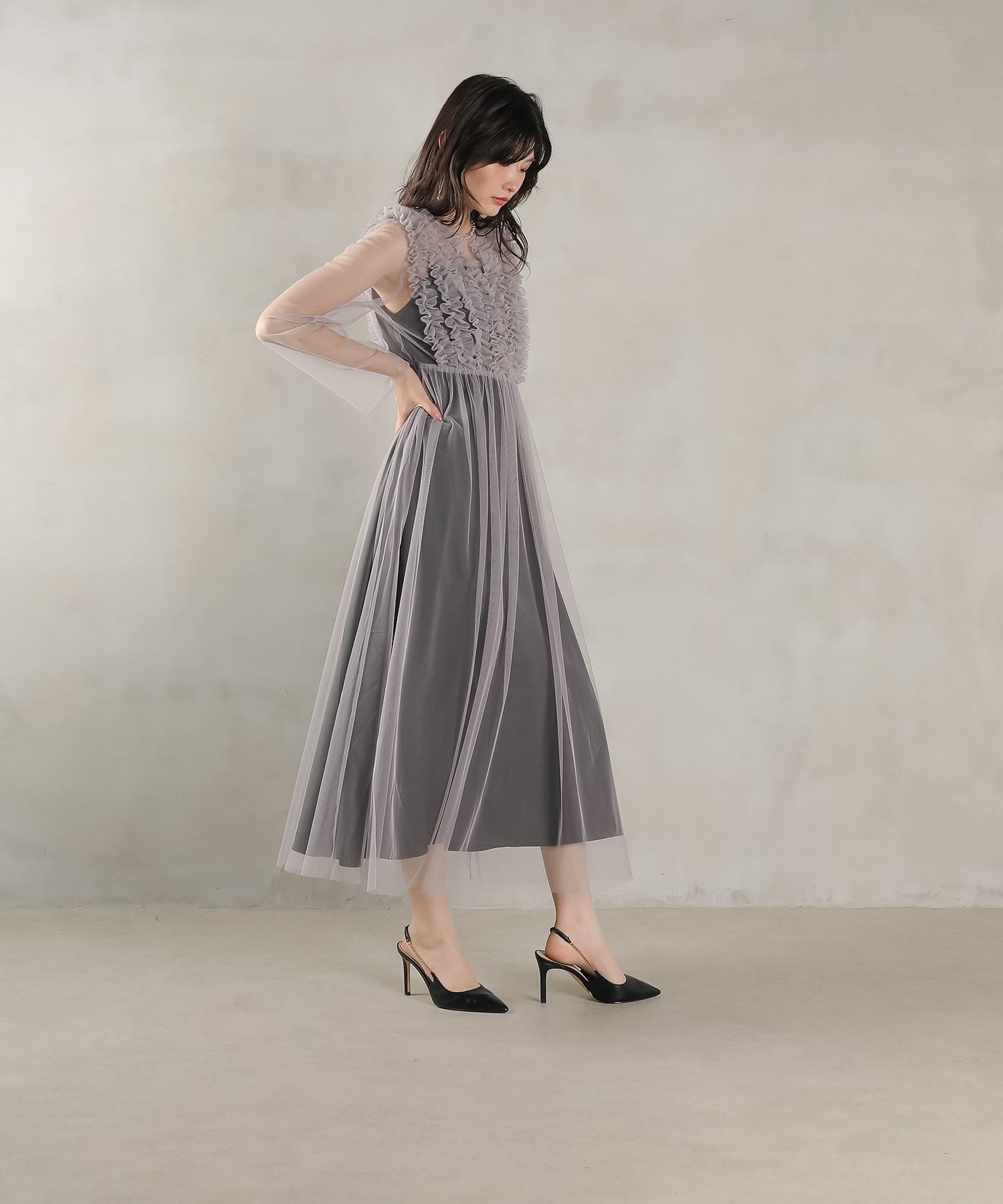 チュール ロング フリル Aライン ワンピース ドレス ２点セット