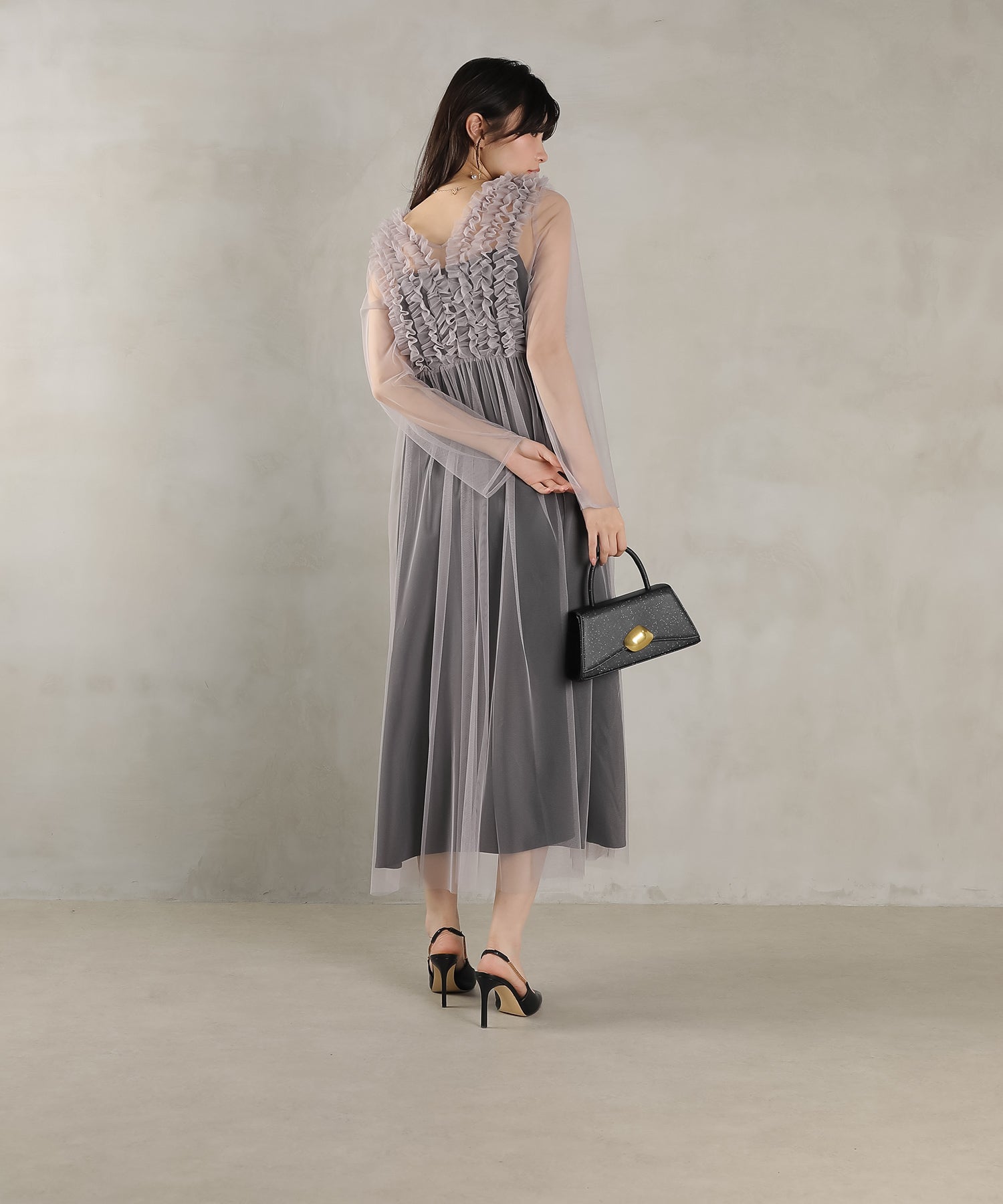 チュール ロング フリル Aライン ワンピース ドレス ２点セット