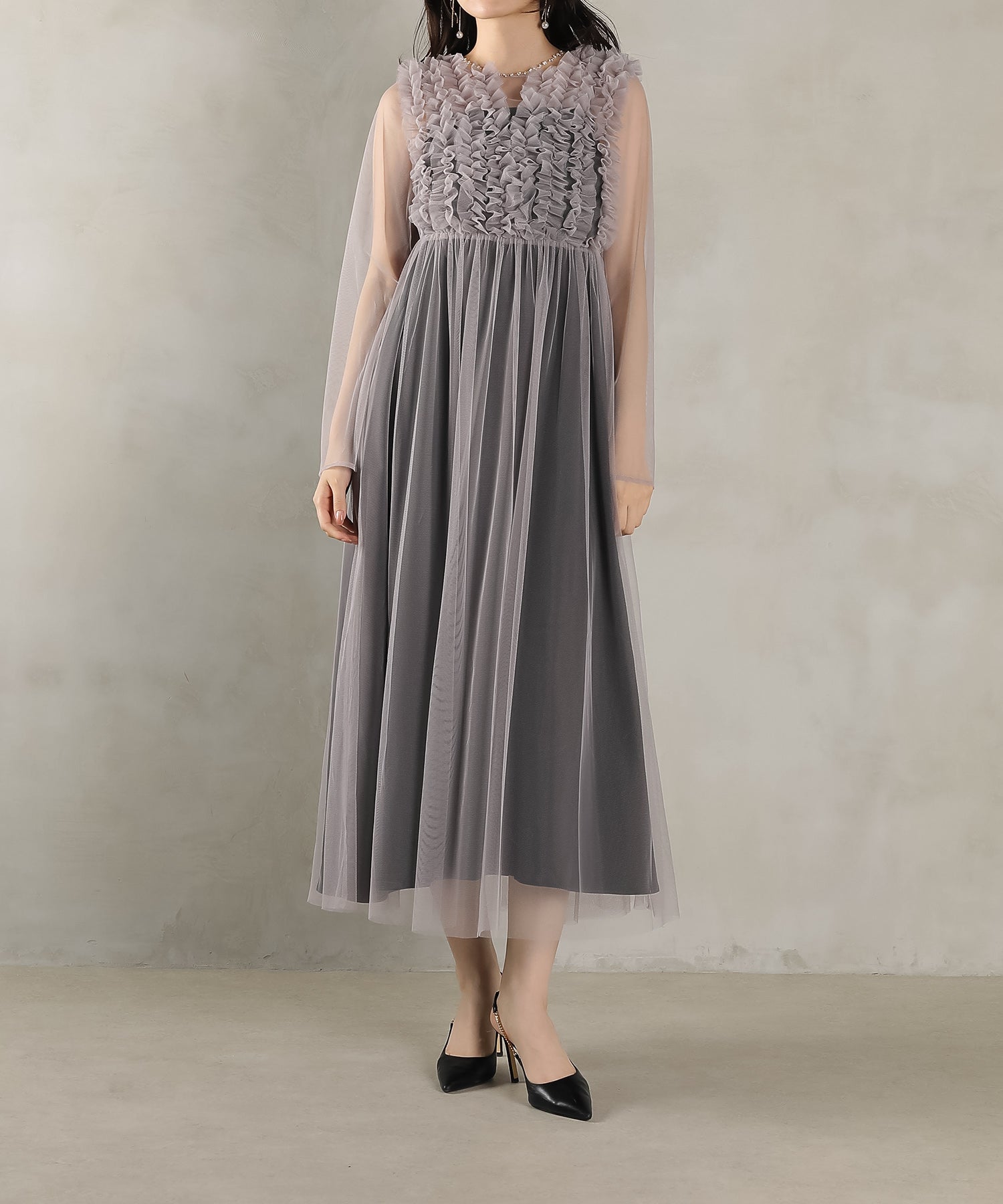 チュール ロング フリル Aライン ワンピース ドレス ２点セット