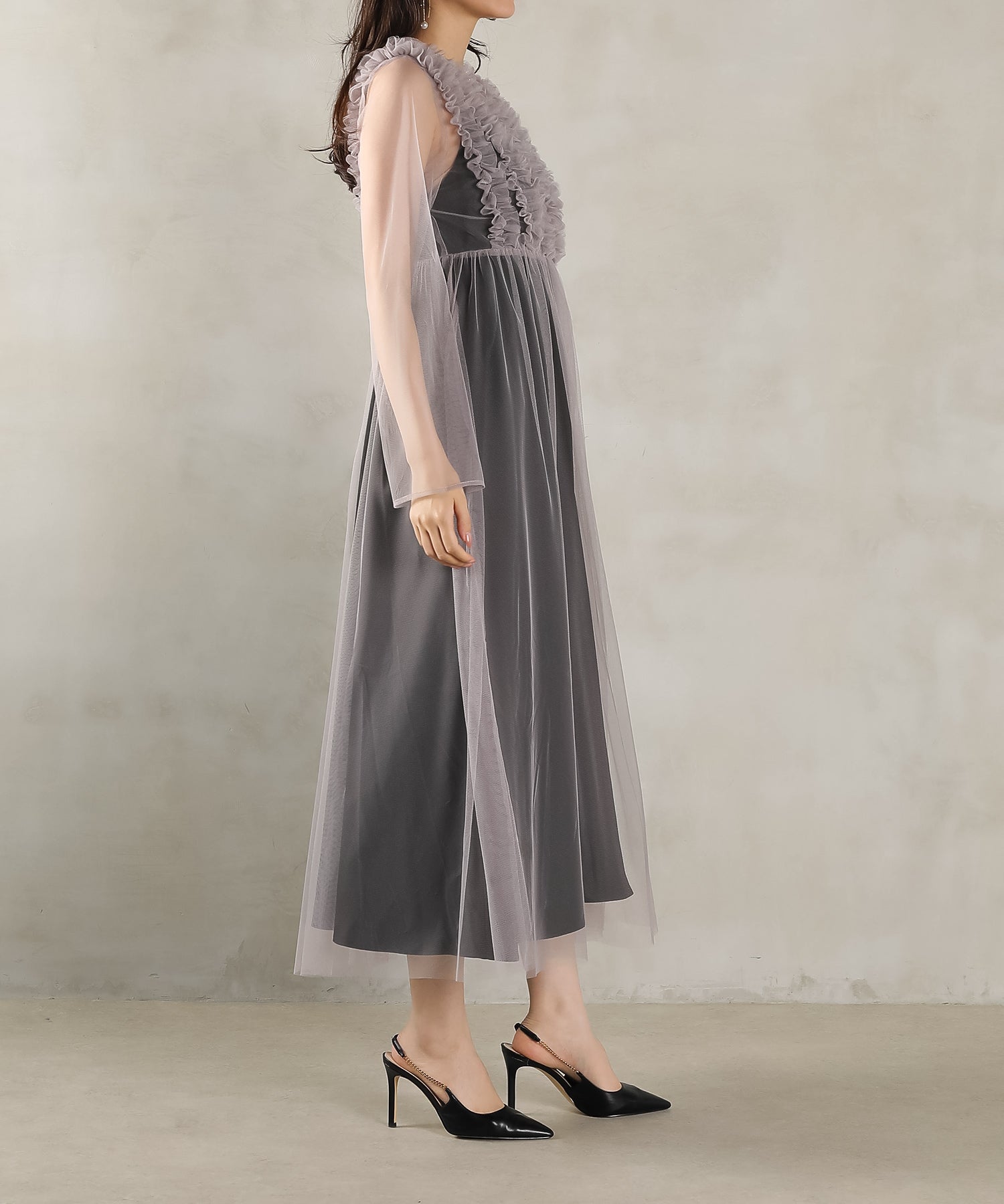 チュール ロング フリル Aライン ワンピース ドレス ２点セット