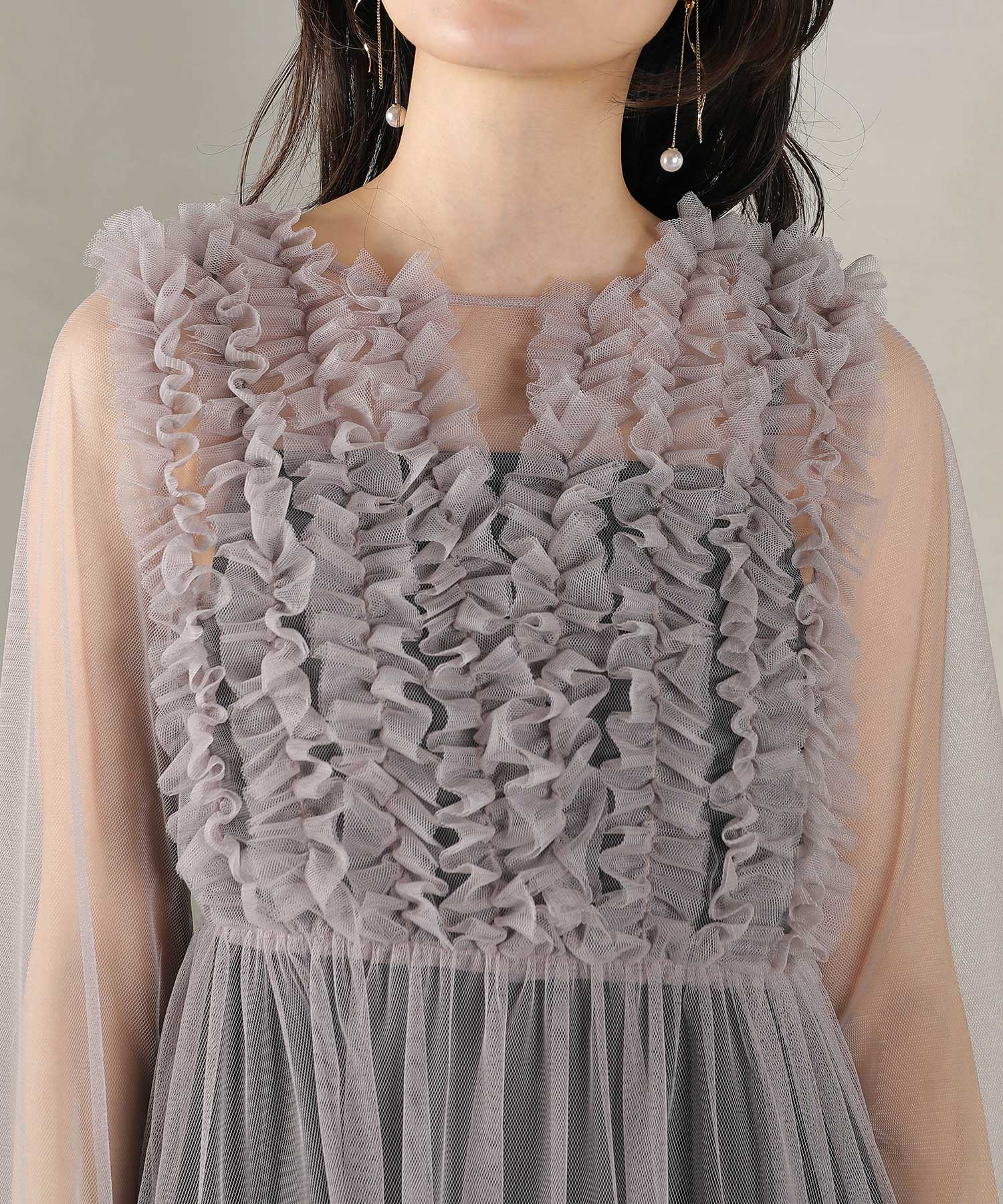 チュール ロング フリル Aライン ワンピース ドレス ２点セット