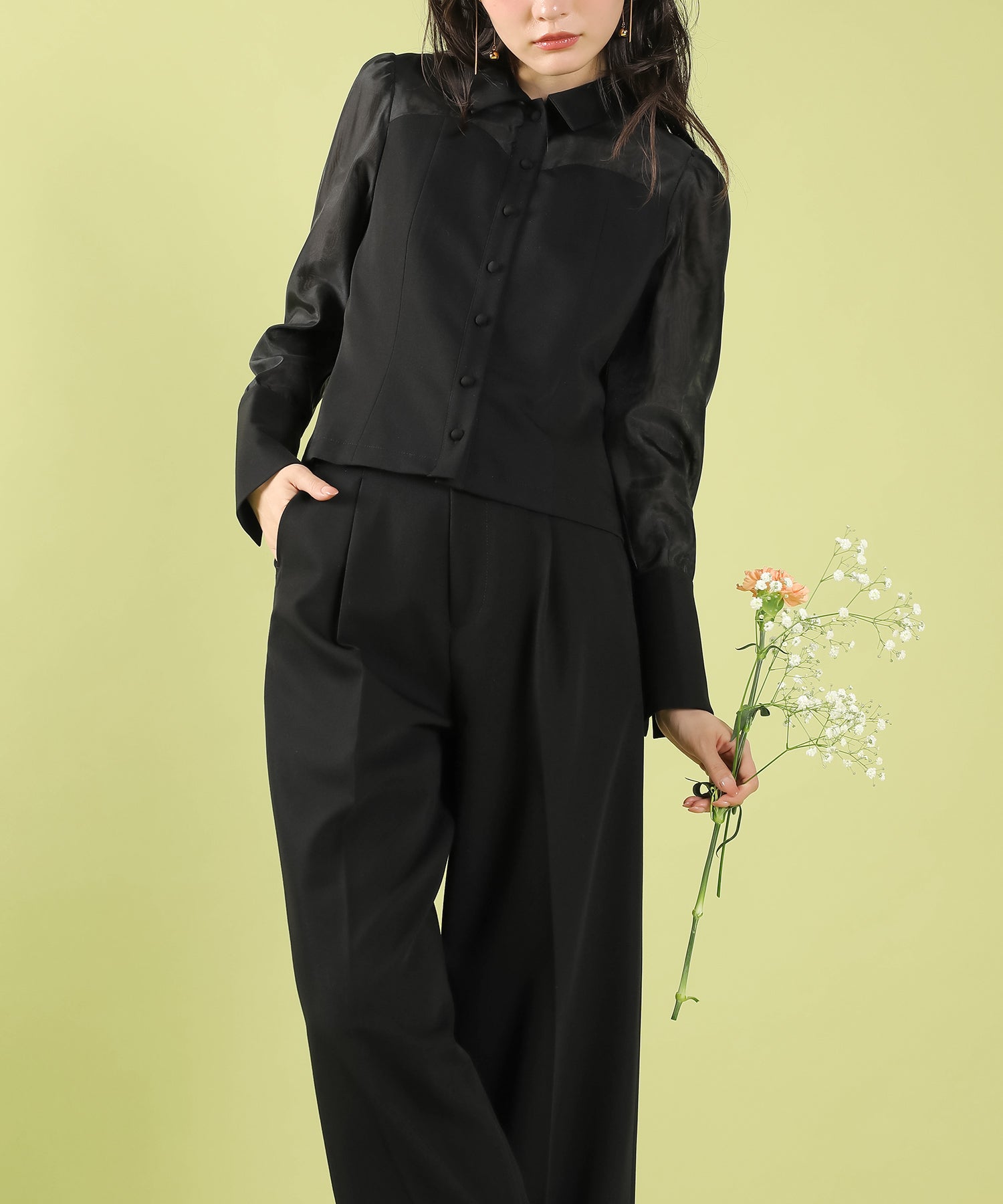 襟付きシャツトップス テーパードパンツドレス セットアップ