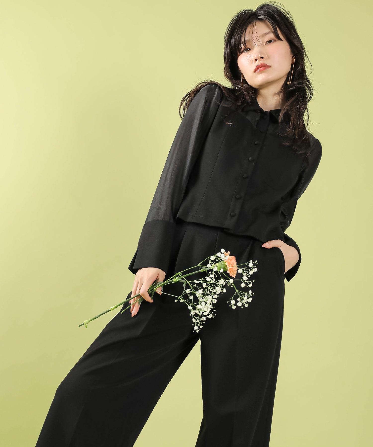 襟付きシャツトップス テーパードパンツドレス セットアップ