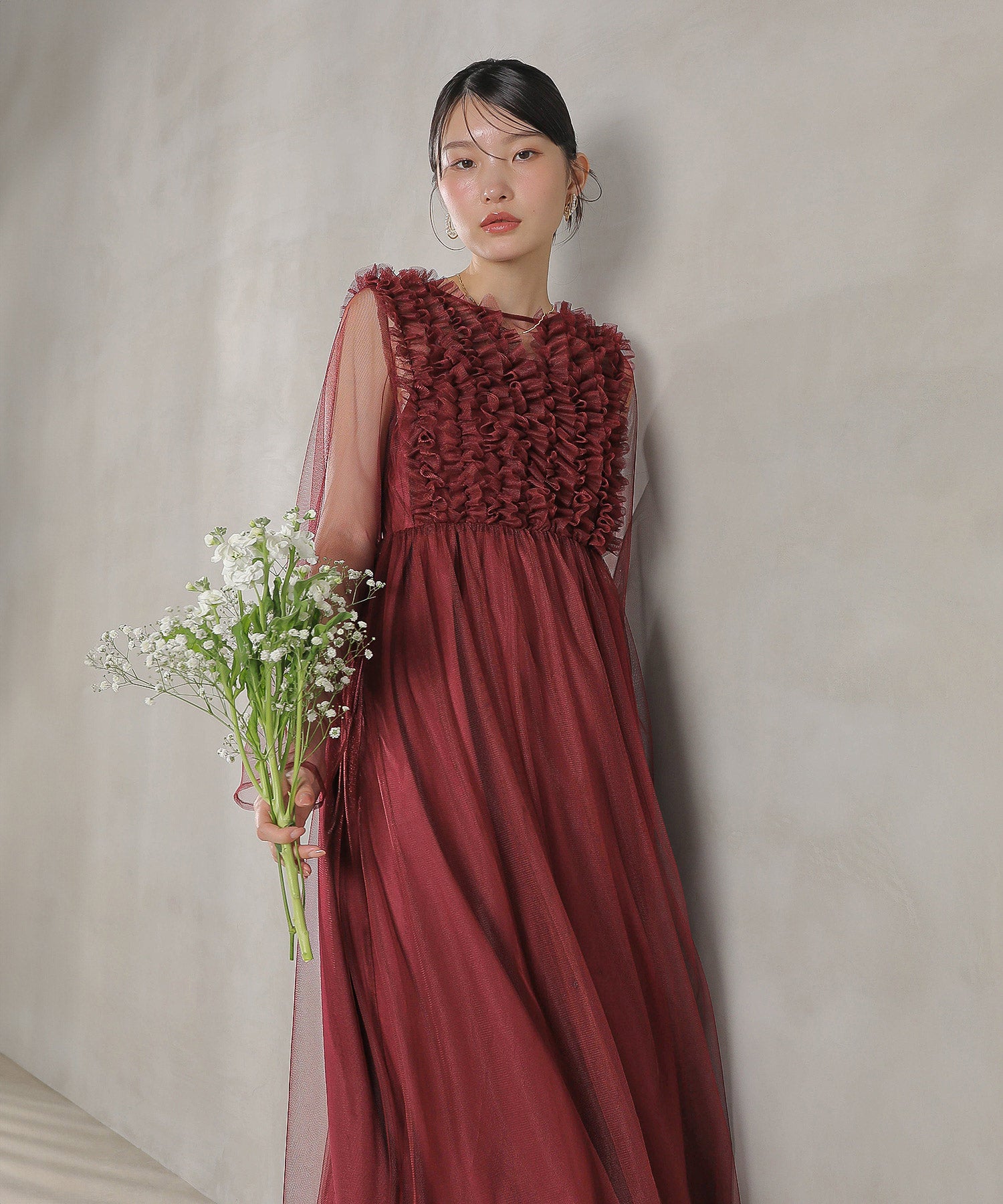 チュール ロング フリル Aライン ワンピース ドレス ２点セット