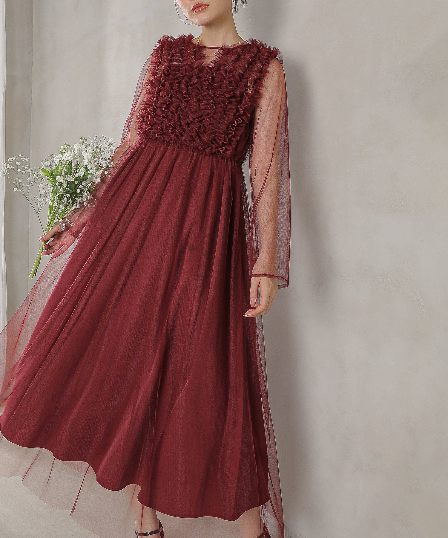 チュール ロング フリル Aライン ワンピース ドレス ２点セット