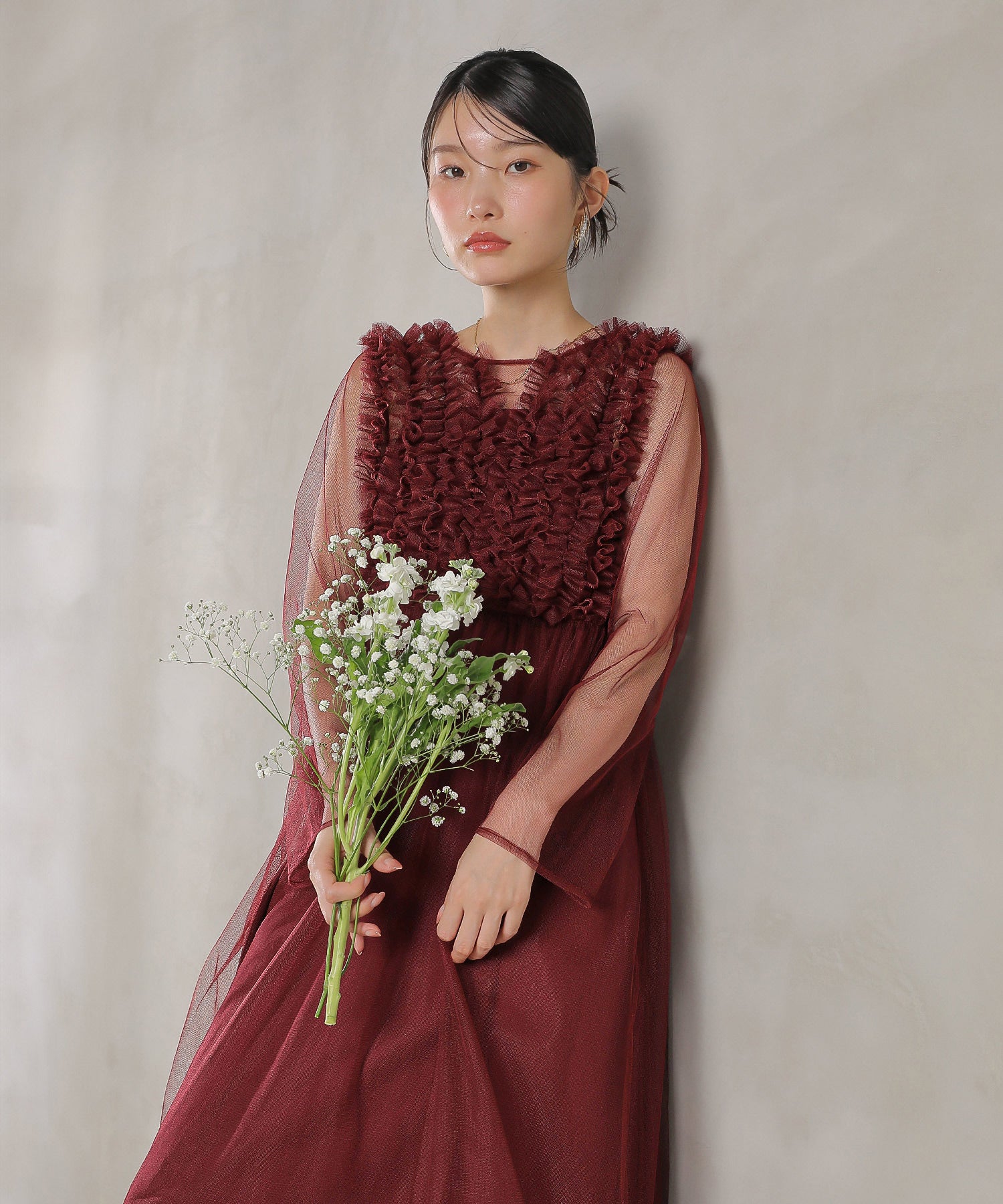 チュール ロング フリル Aライン ワンピース ドレス ２点セット