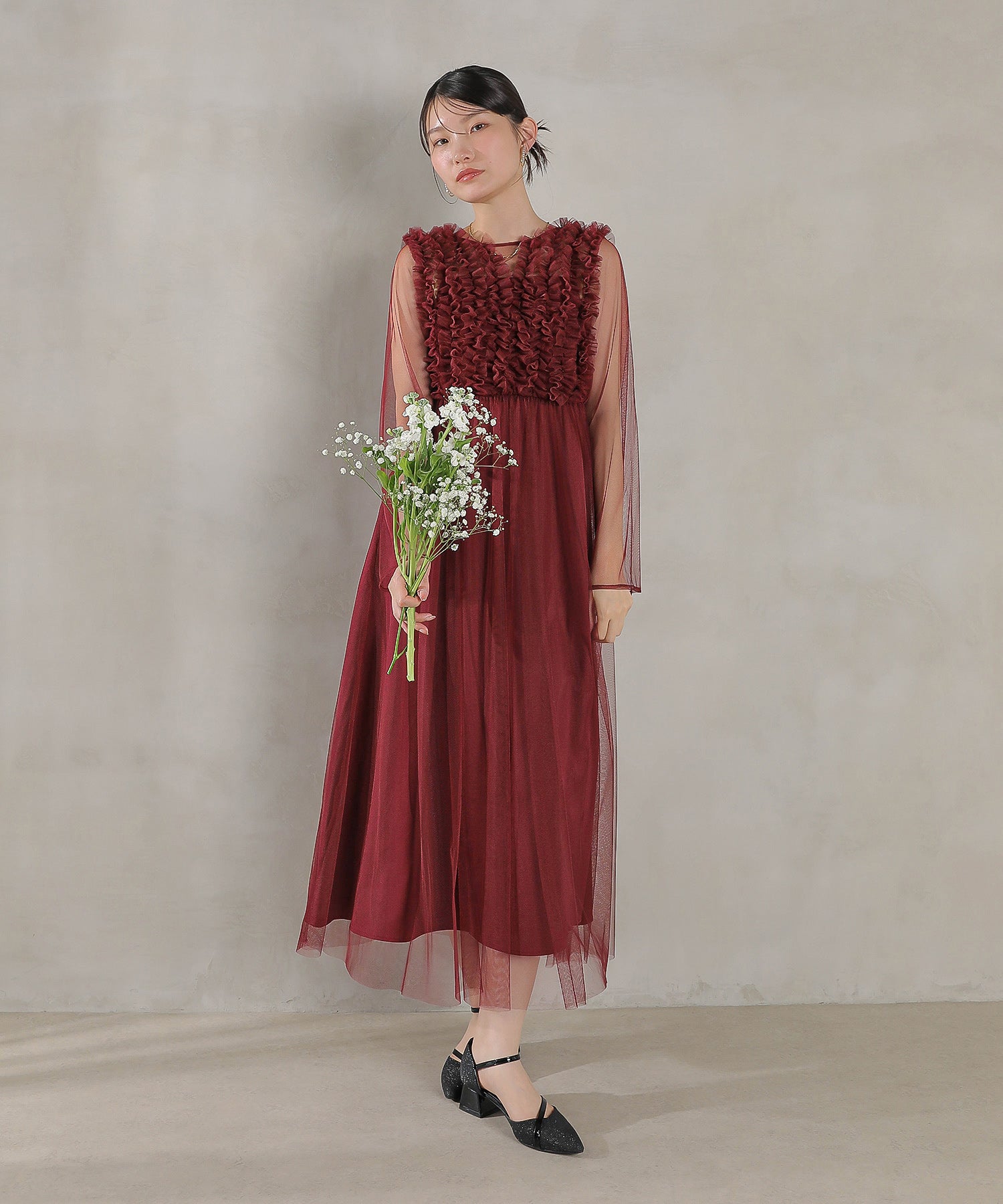 チュール ロング フリル Aライン ワンピース ドレス ２点セット