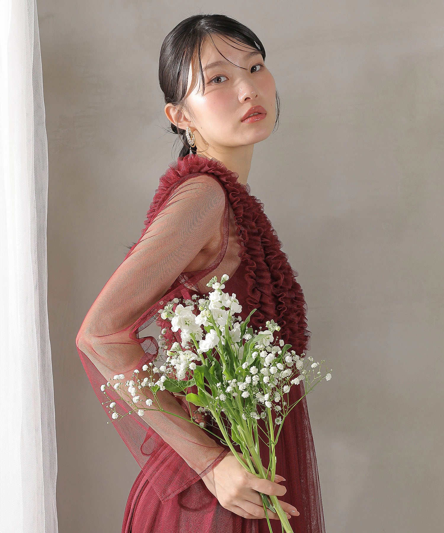 チュール ロング フリル Aライン ワンピース ドレス ２点セット