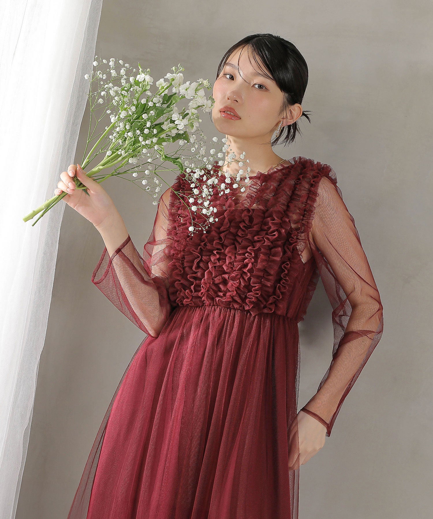 チュール ロング フリル Aライン ワンピース ドレス ２点セット