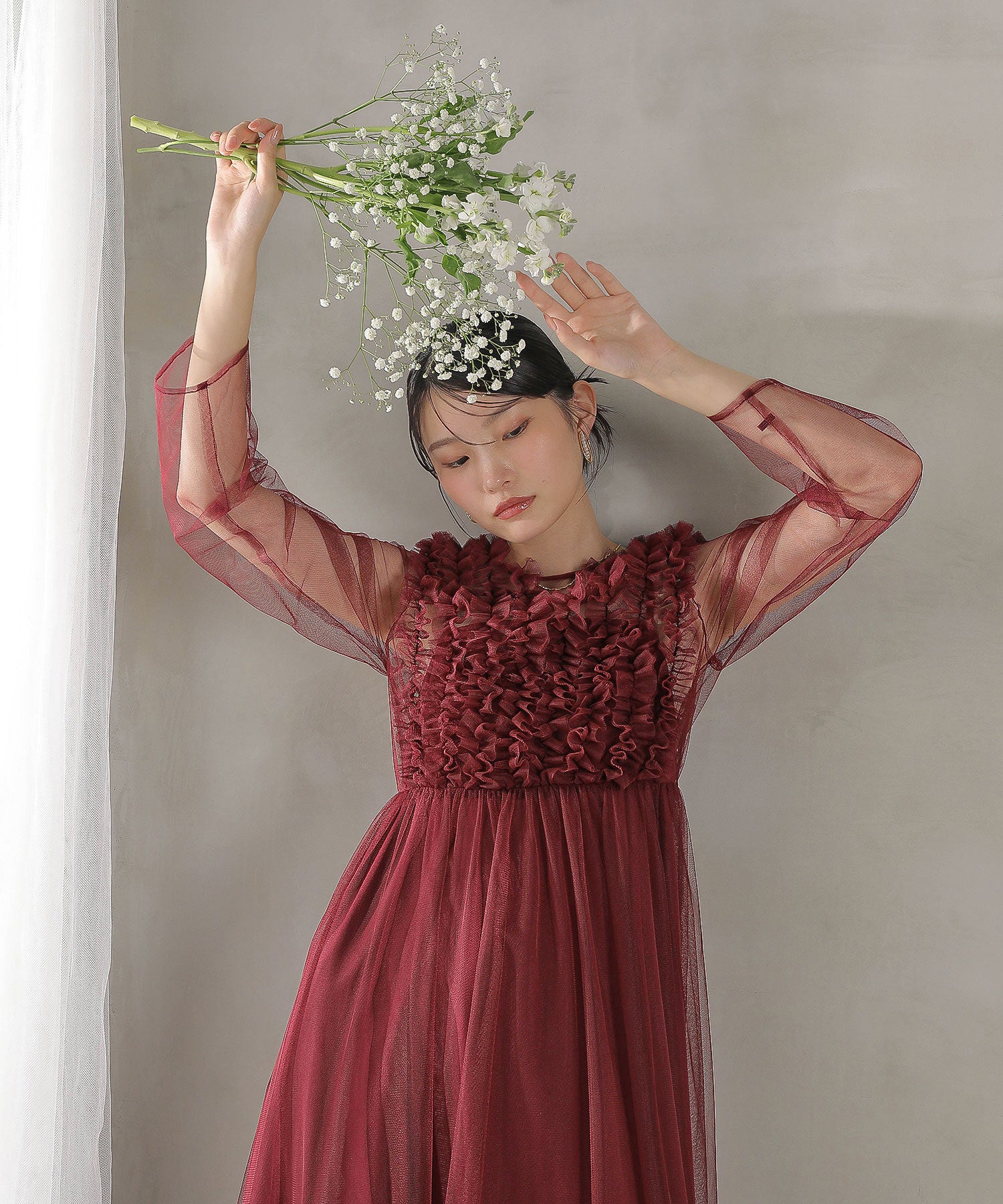 チュール ロング フリル Aライン ワンピース ドレス ２点セット