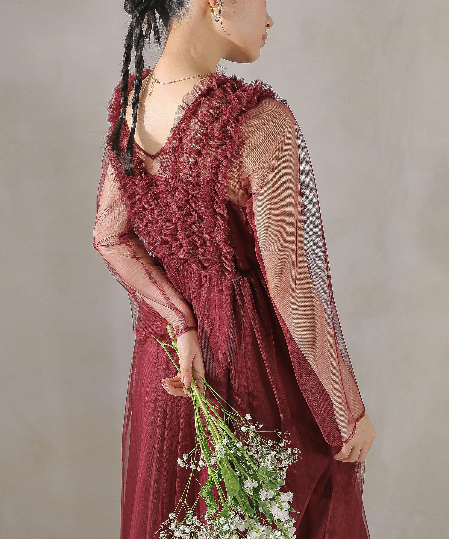 チュール ロング フリル Aライン ワンピース ドレス ２点セット